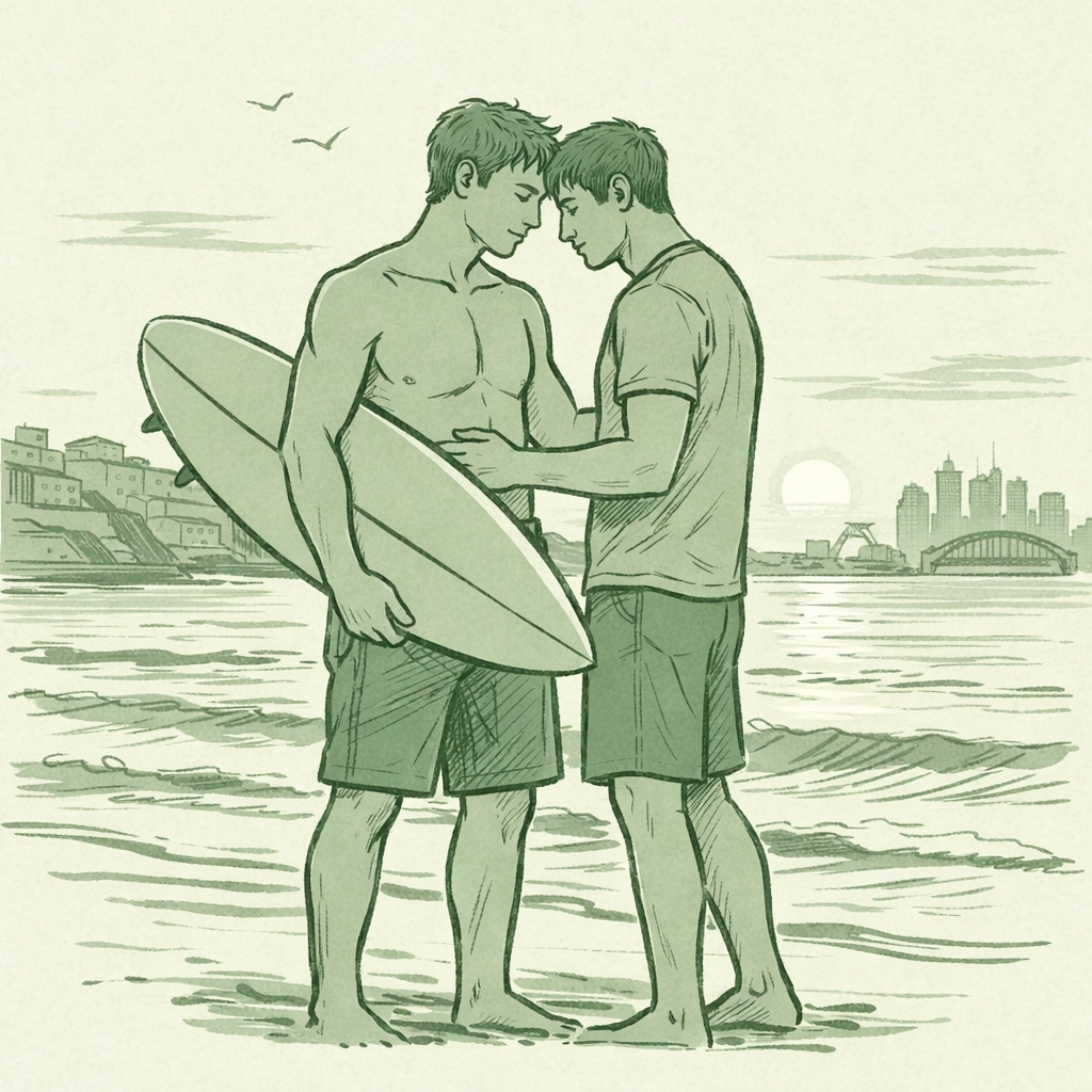 Two step-brothers share emotional moment on Bondi Beach with surfboard - MM romance Sydney