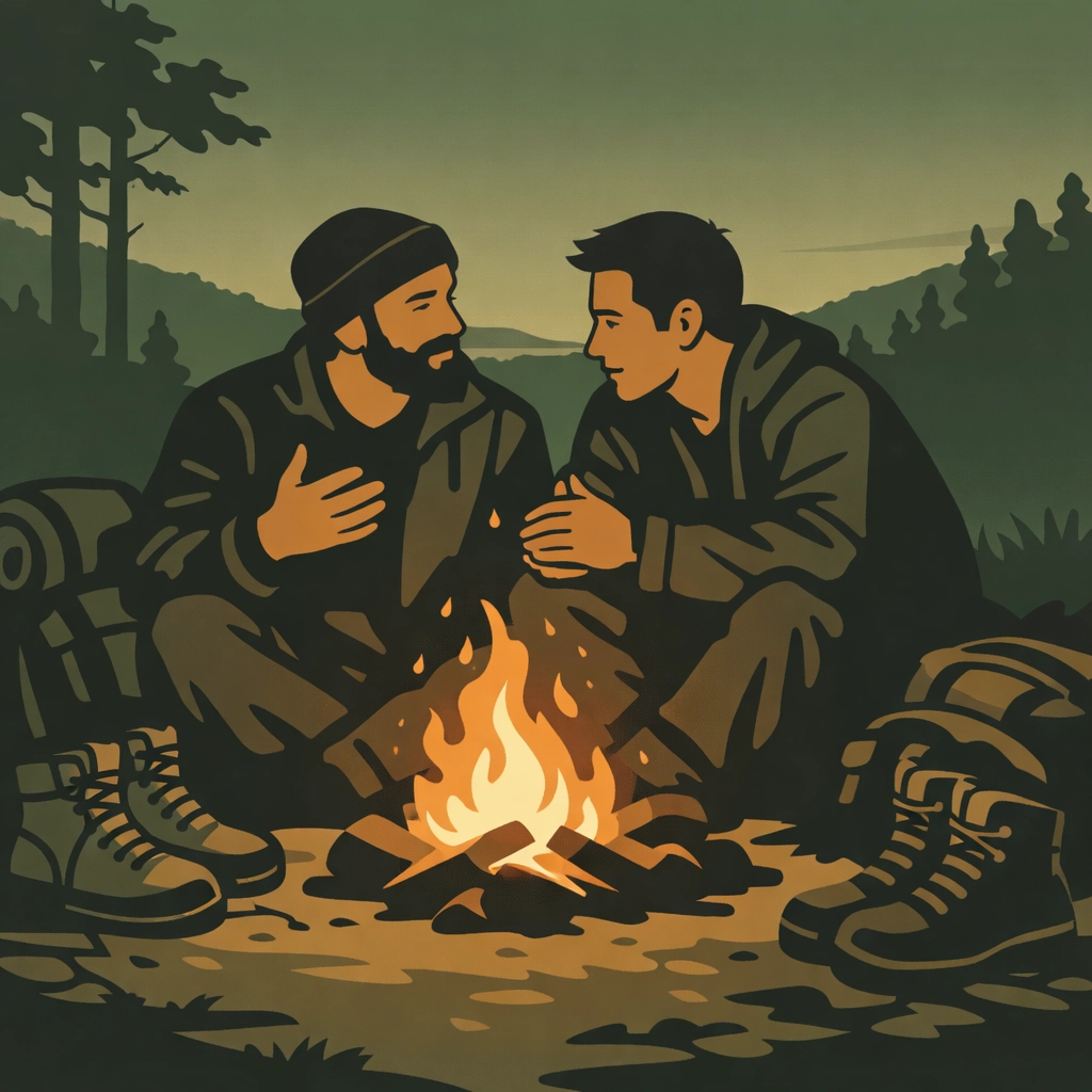 Gay couple talking intimately by campfire during long-distance hiking adventure