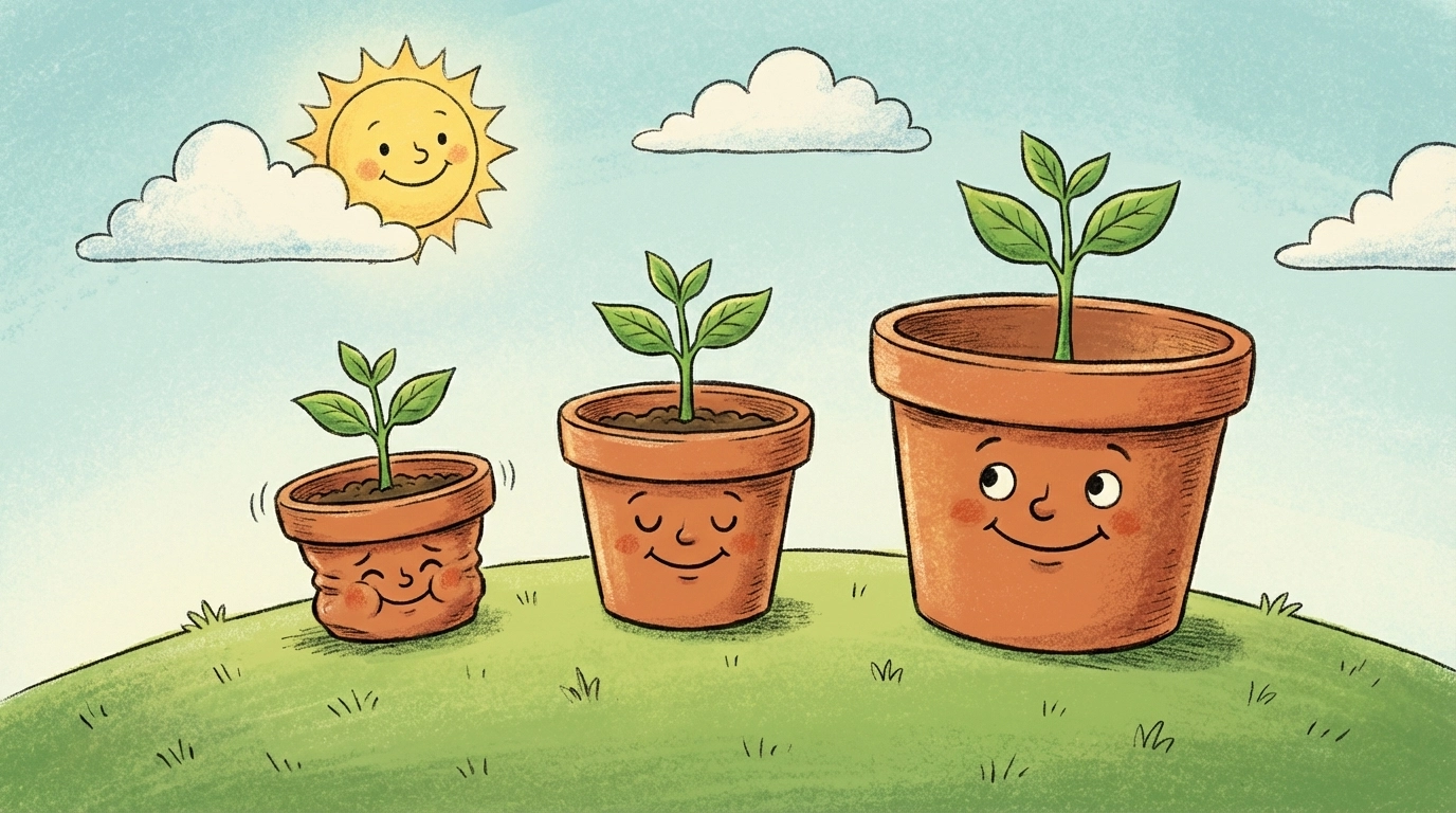 Three cartoon plant pots in different sizes show how choosing the right pot size supports healthy indoor seedlings