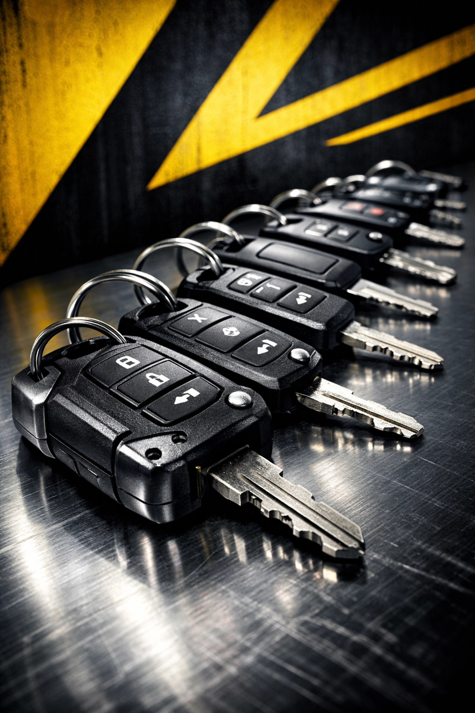 Row of heavy-duty fleet vehicle keys and fobs ready for commercial locksmith delivery.