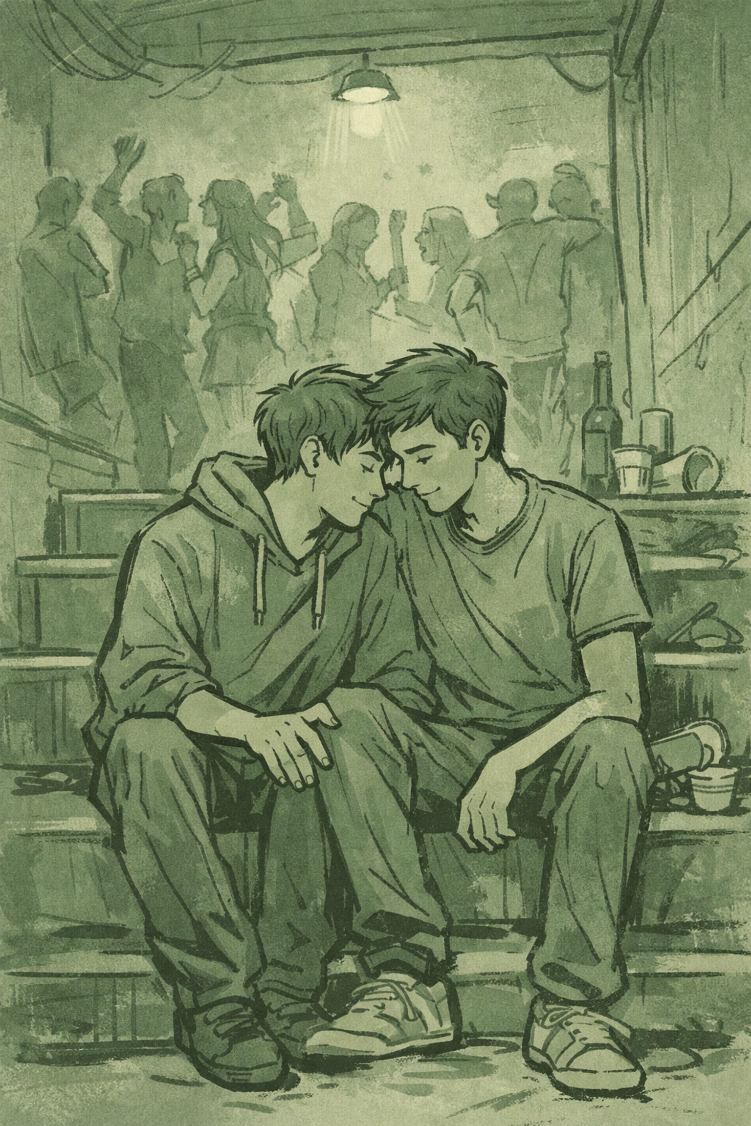 Gay couple connecting on stairs during college party - MM romance story