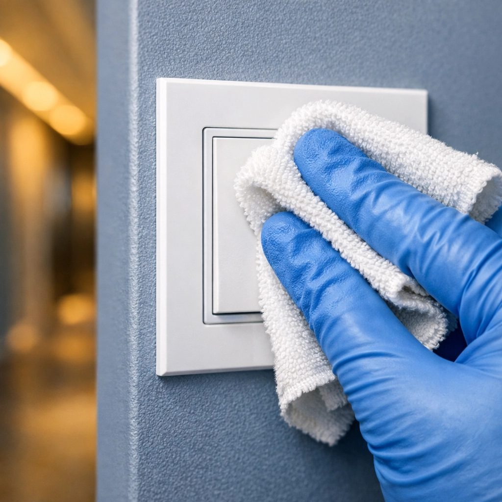 Professional cleaner in Massachusetts sanitizing high-touch surfaces like light switches after construction.