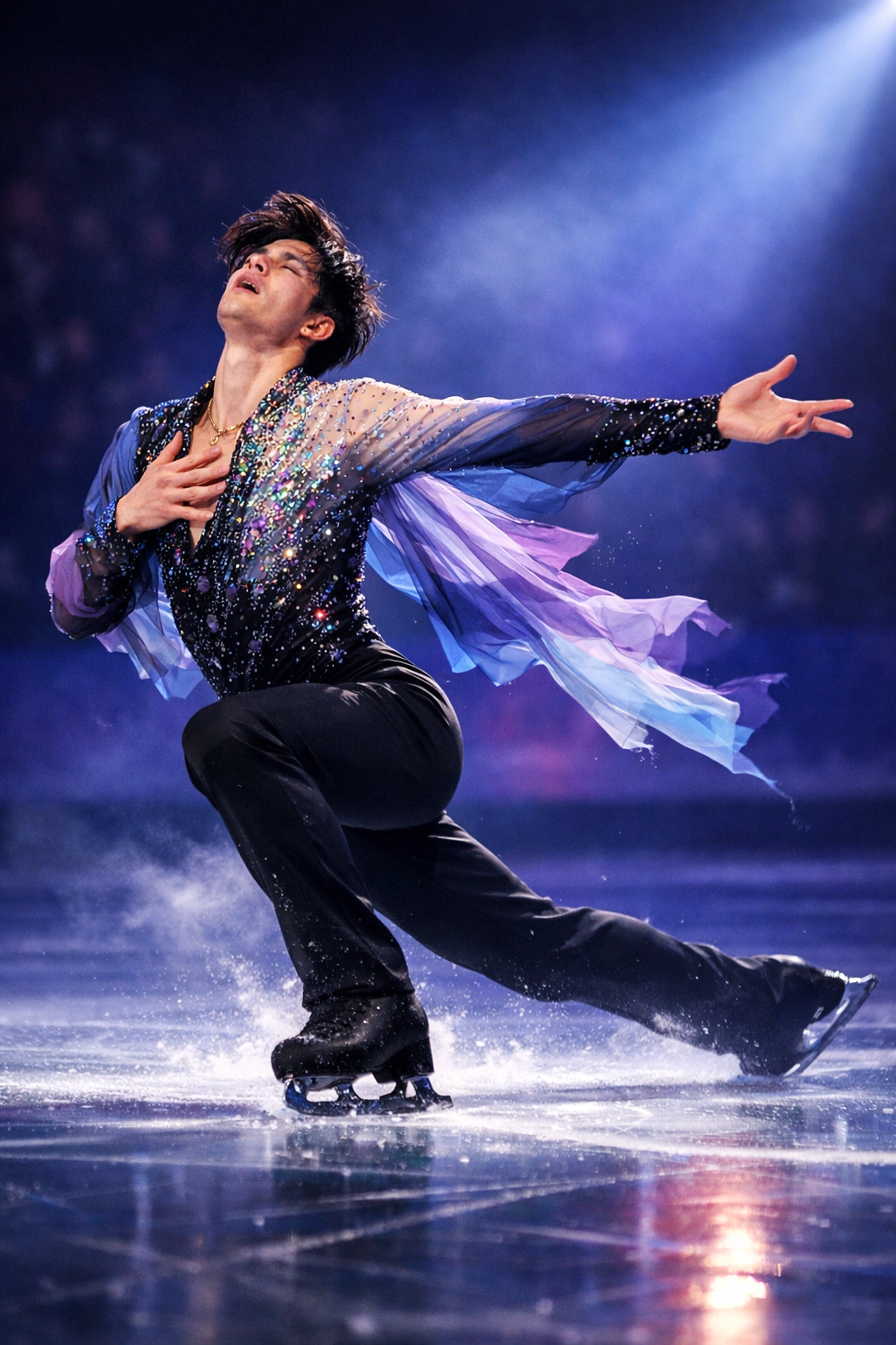 Male figure skater performing in sequined costume showcasing LGBTQ+ artistry and expression