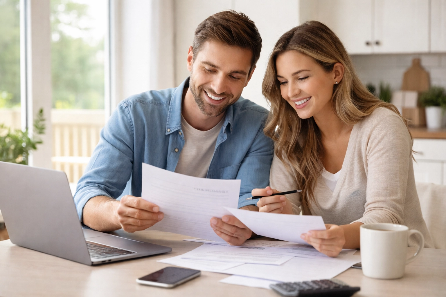 Canadian couple reviewing finances at kitchen table demonstrating smart mortgage refinancing for major expenses