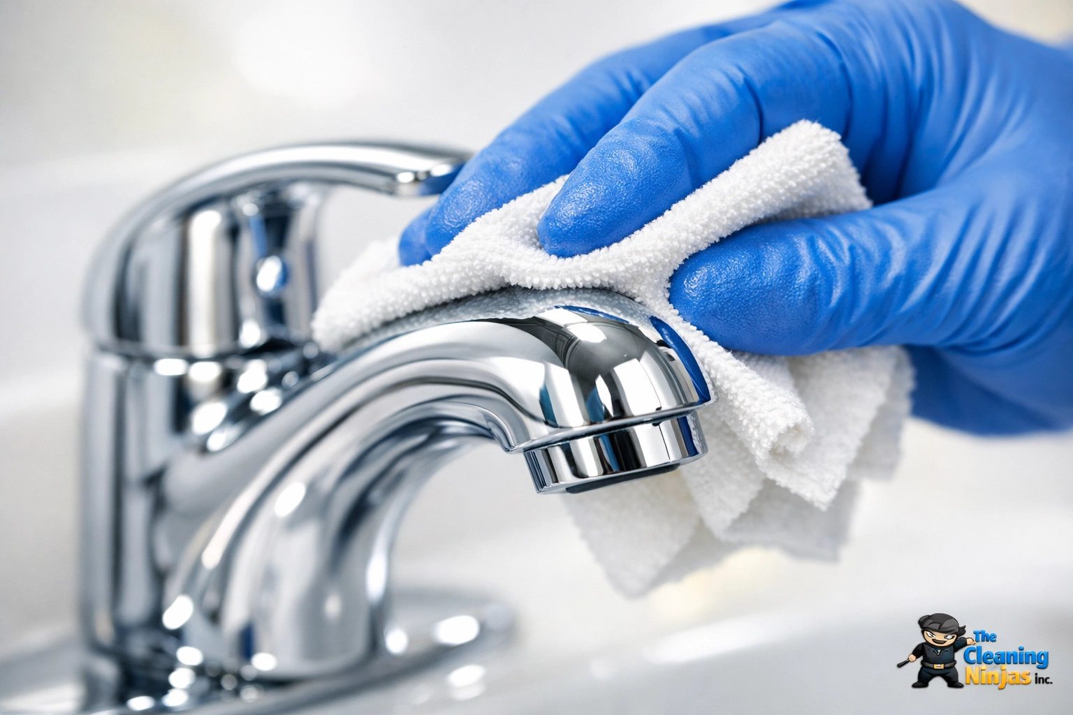 Detailed polishing of a chrome bathroom faucet by a professional cleaner for a sparkling finish.