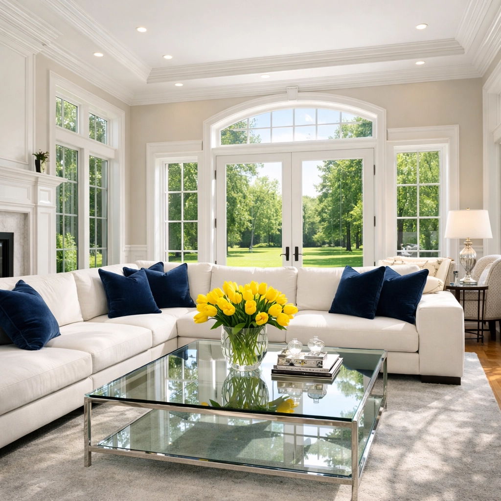 Spotless living room in a Medfield estate showcasing professional luxury house cleaning standards.