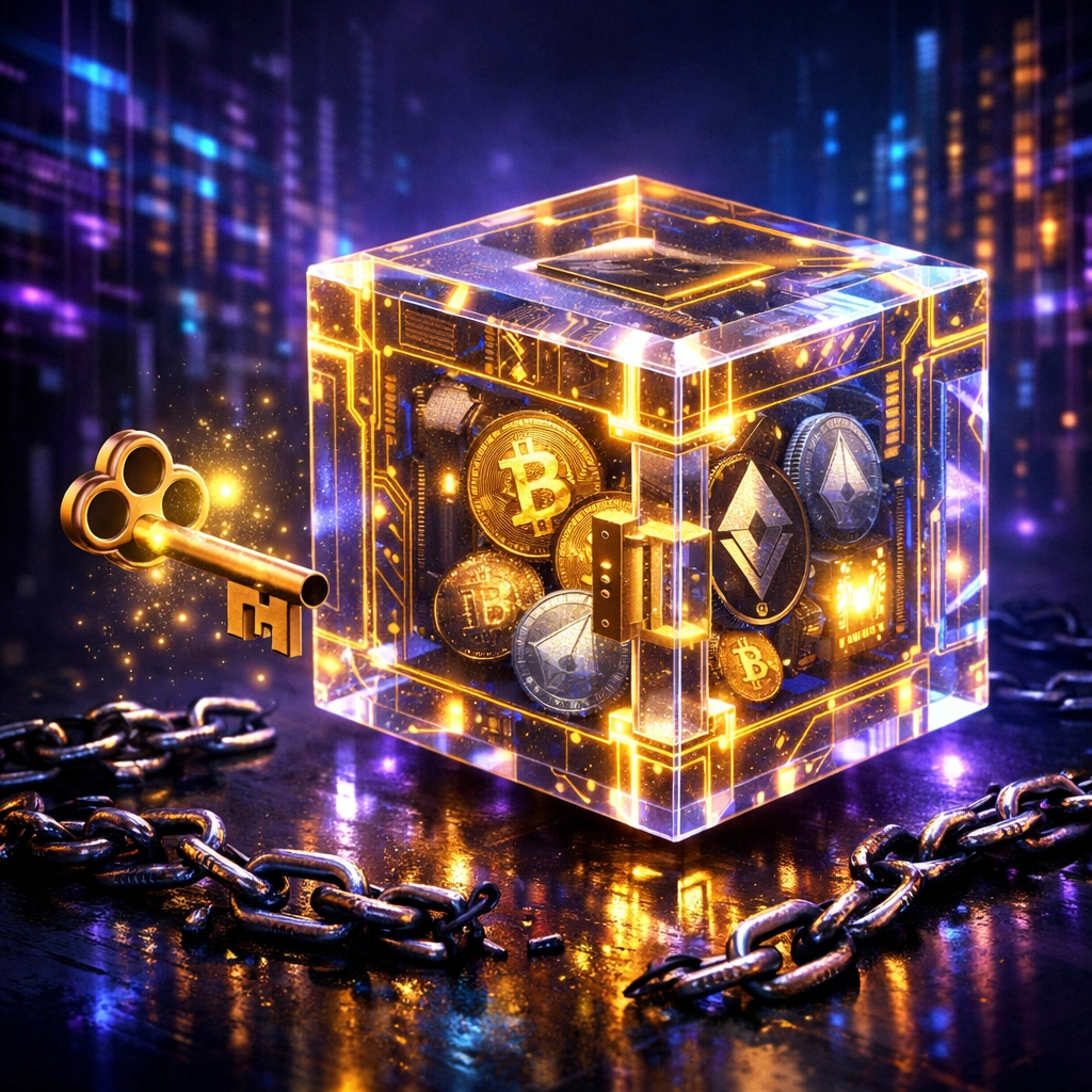 Self-custody crypto vault with digital key representing secure merchant payment control