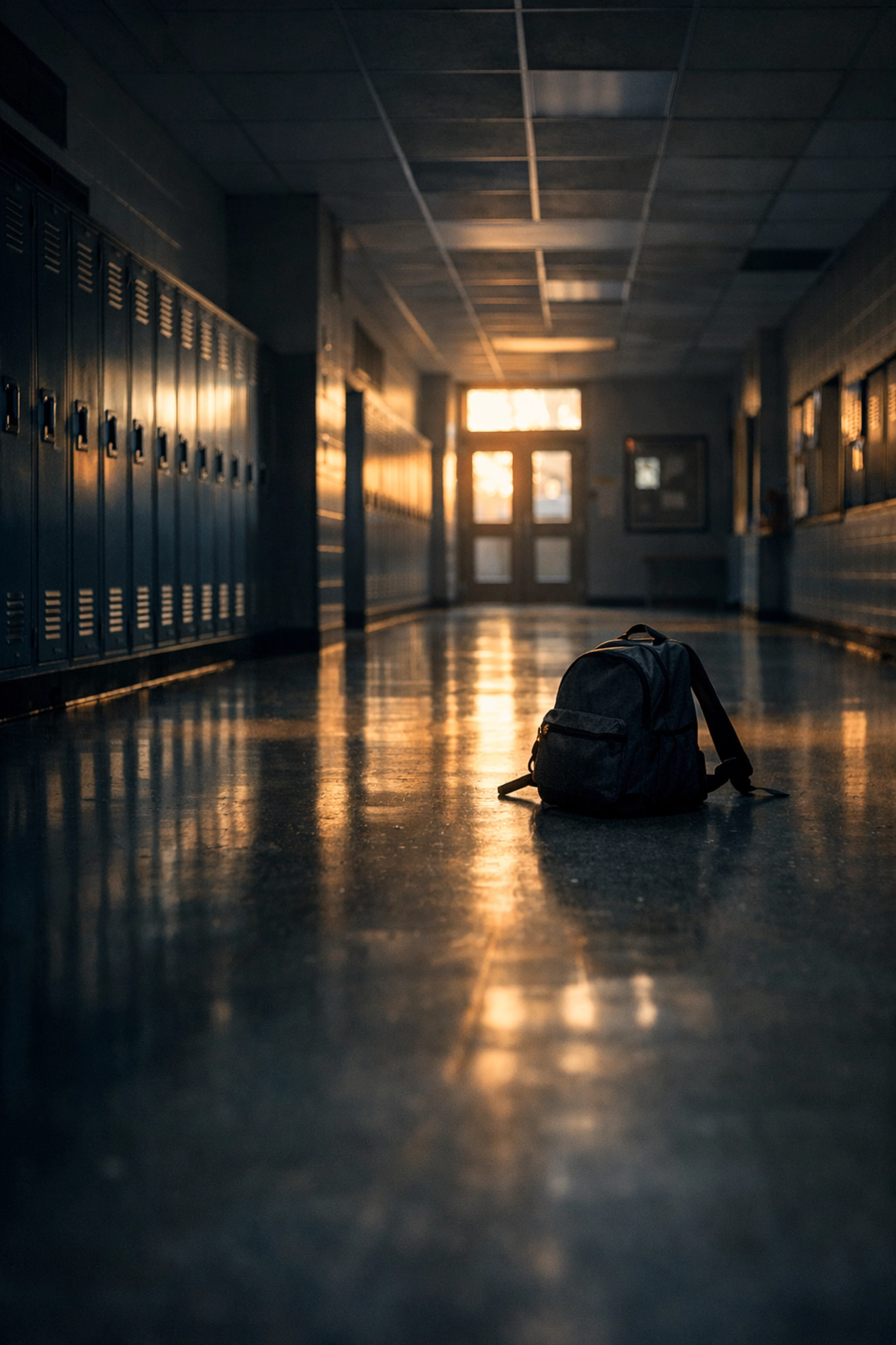 Empty school hallway with morning light symbolizing tragedy and loss after shooting