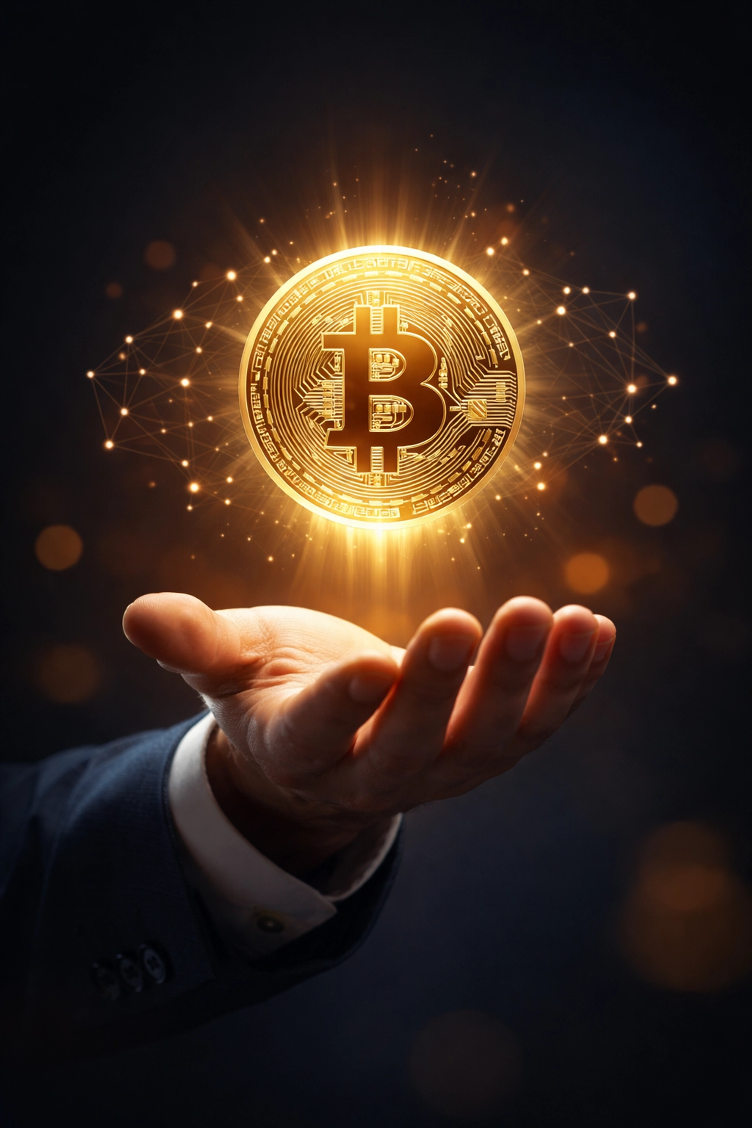 Business hand holding glowing Bitcoin symbol surrounded by network nodes represents institutional crypto adoption