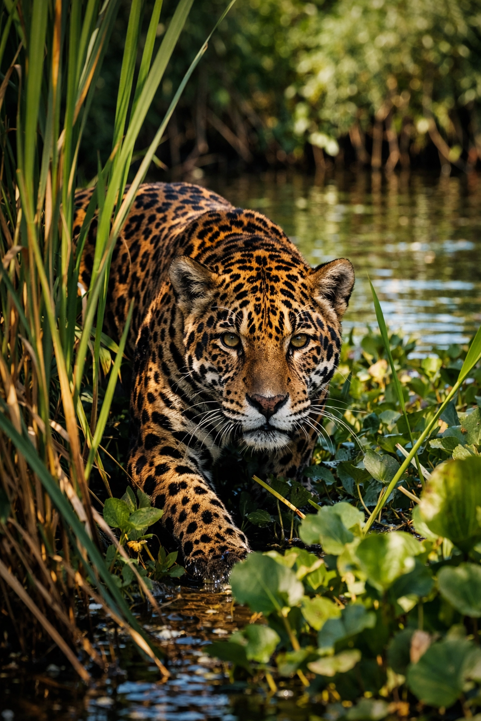 Jaguar in Argentina's Iberá Wetlands moving through marsh vegetation during conservation rewilding