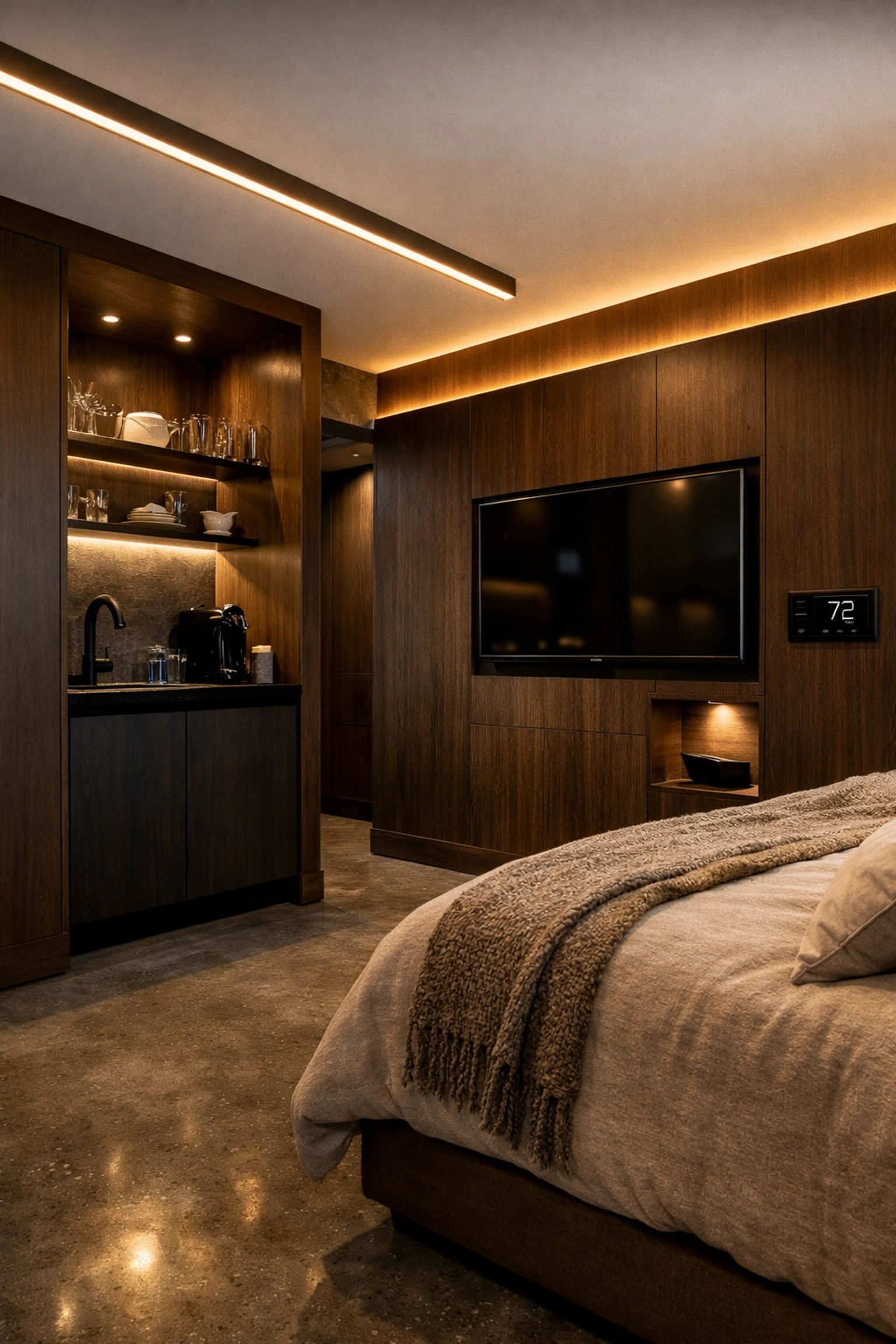 Modern luxury guest suite with bespoke cabinetry from a high-spec garage conversion.