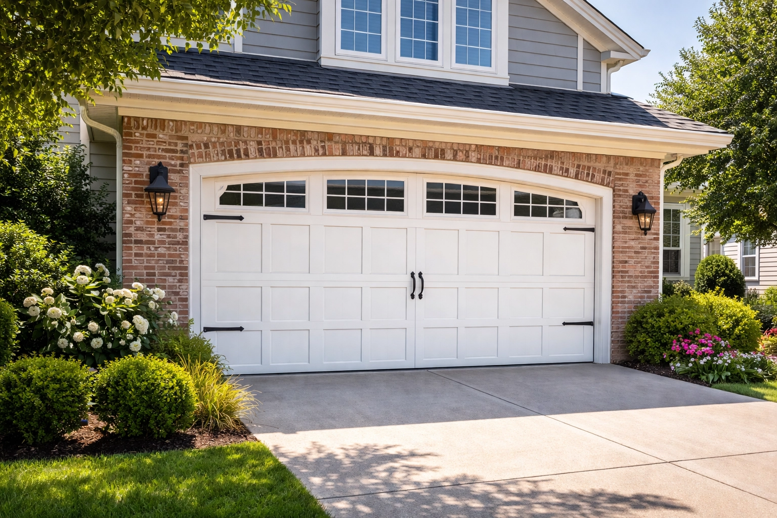 Modern carriage-house garage door on suburban home highlighting curb appeal and value for home appraisal ROI in Atlanta.
