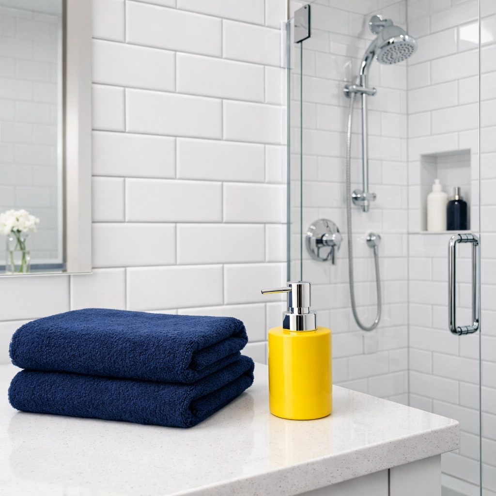 Designer bathroom with sparkling clean tile grout and clear shower doors by professional cleaners in Leominster MA.