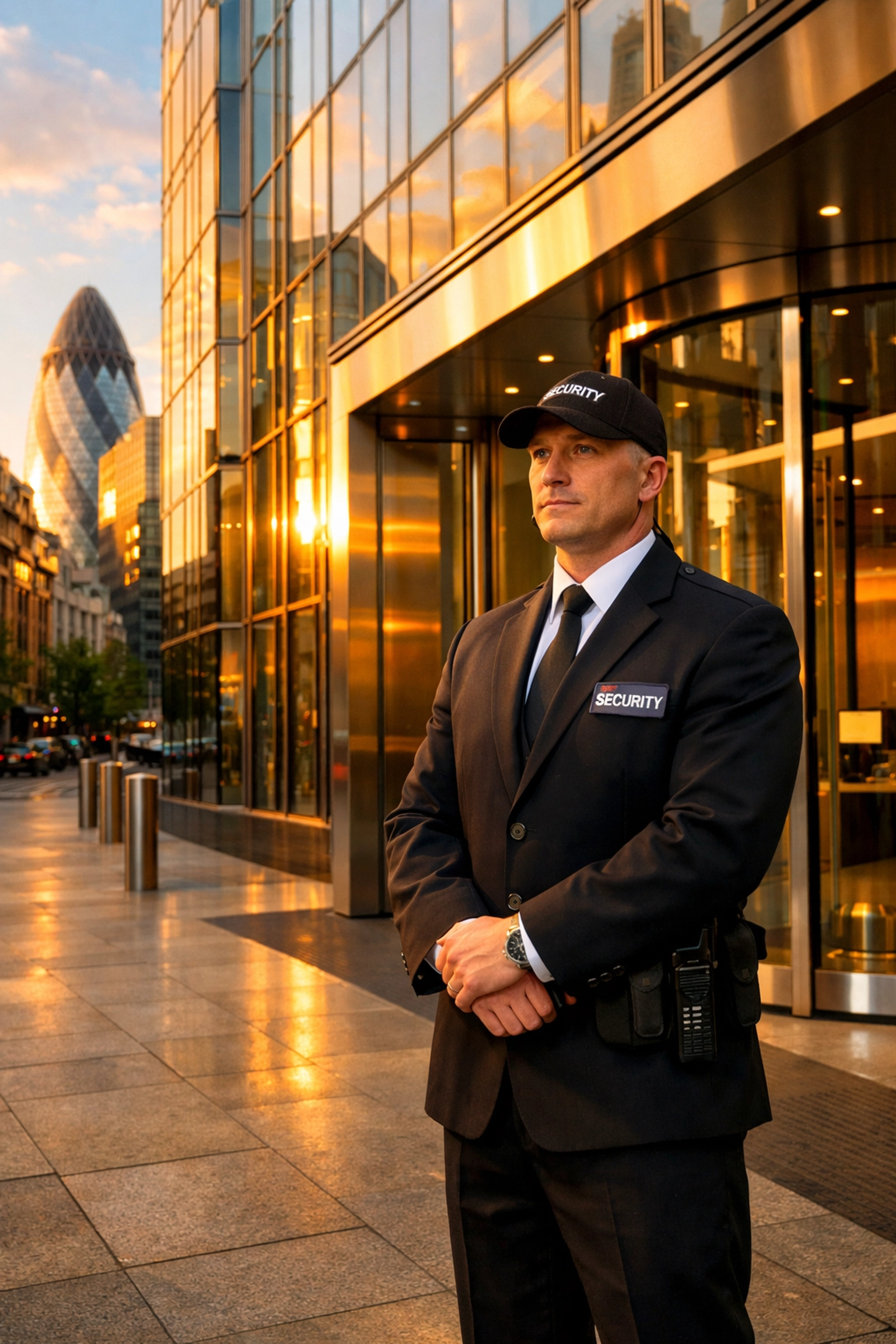 A KGFM security guard providing professional protection at a prestigious Central London corporate entrance.