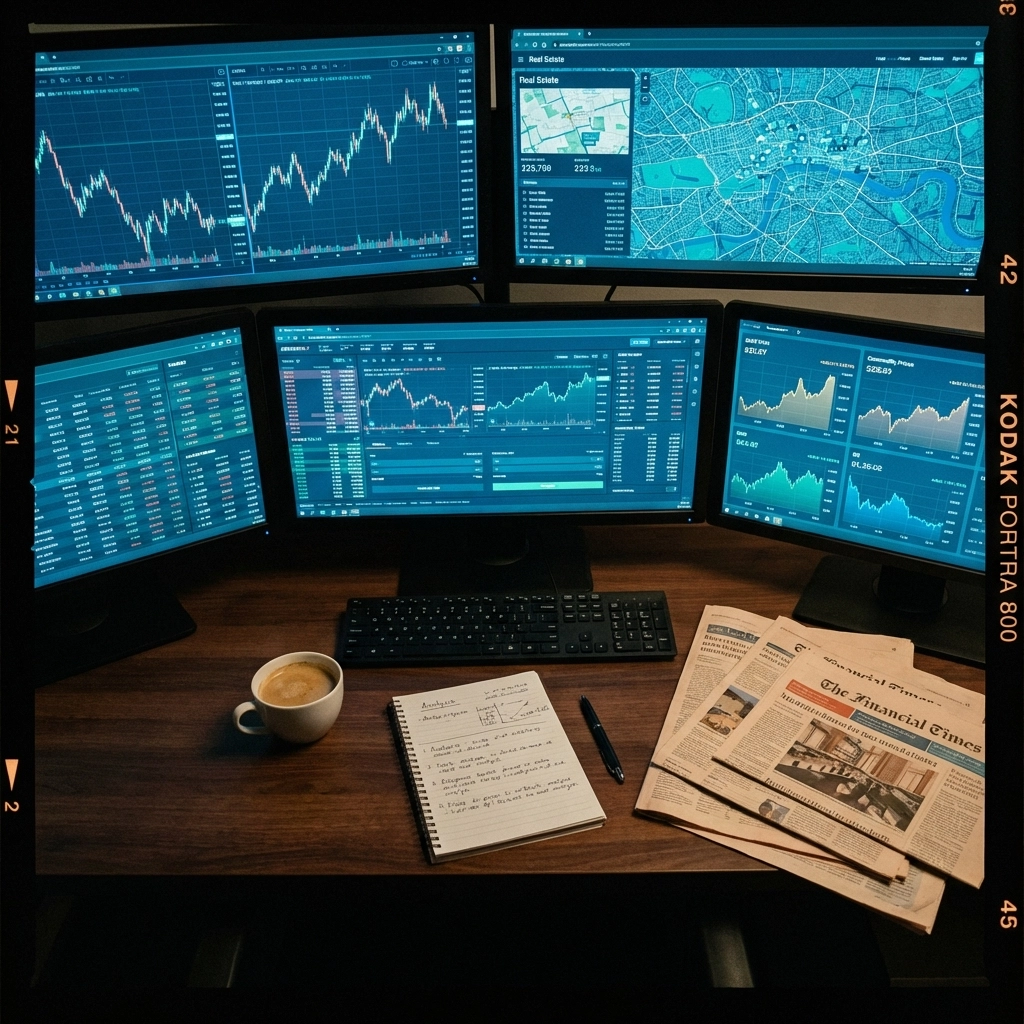 Investor workspace with screens displaying diverse market data for stocks, real estate, crypto, and commodities.