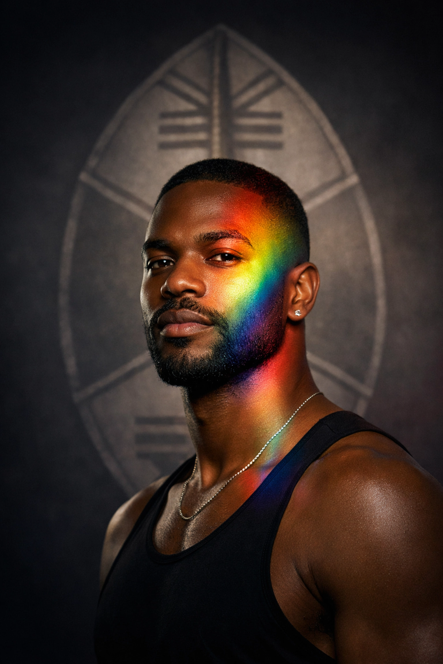 A proud queer man with a Zande shield overlay, celebrating African LGBTQ+ history and heritage.