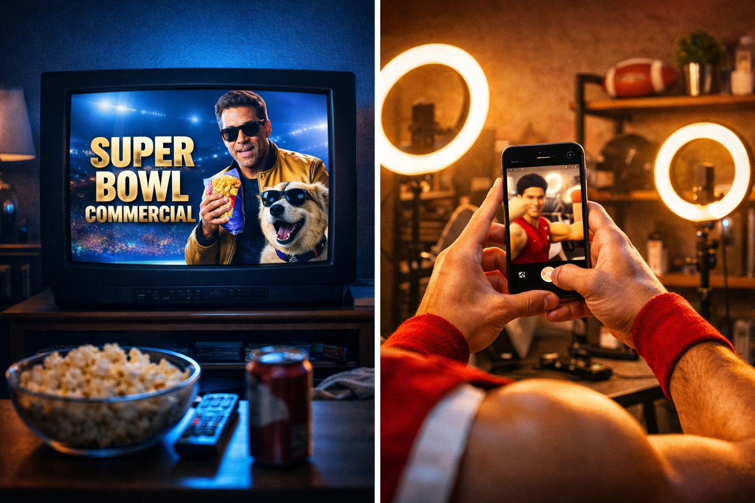 Traditional Super Bowl TV commercial alongside college athlete filming social media content