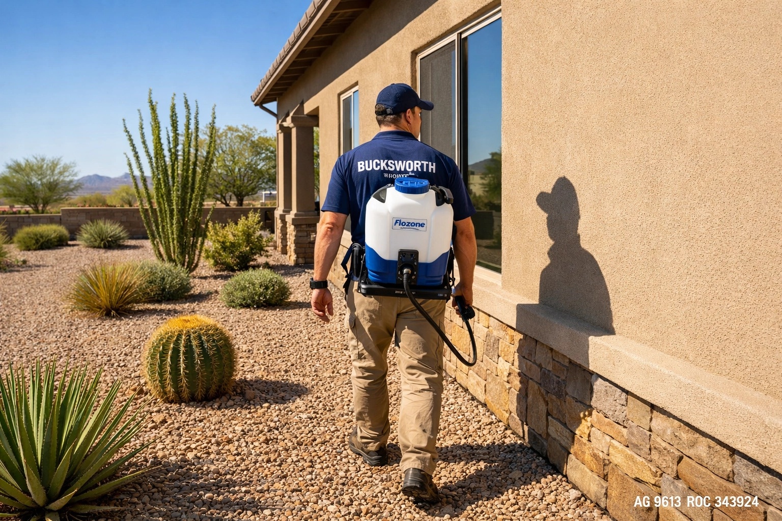 Buckeye pest and weed control technician performing bundle service at a Verrado home to prevent infestations.