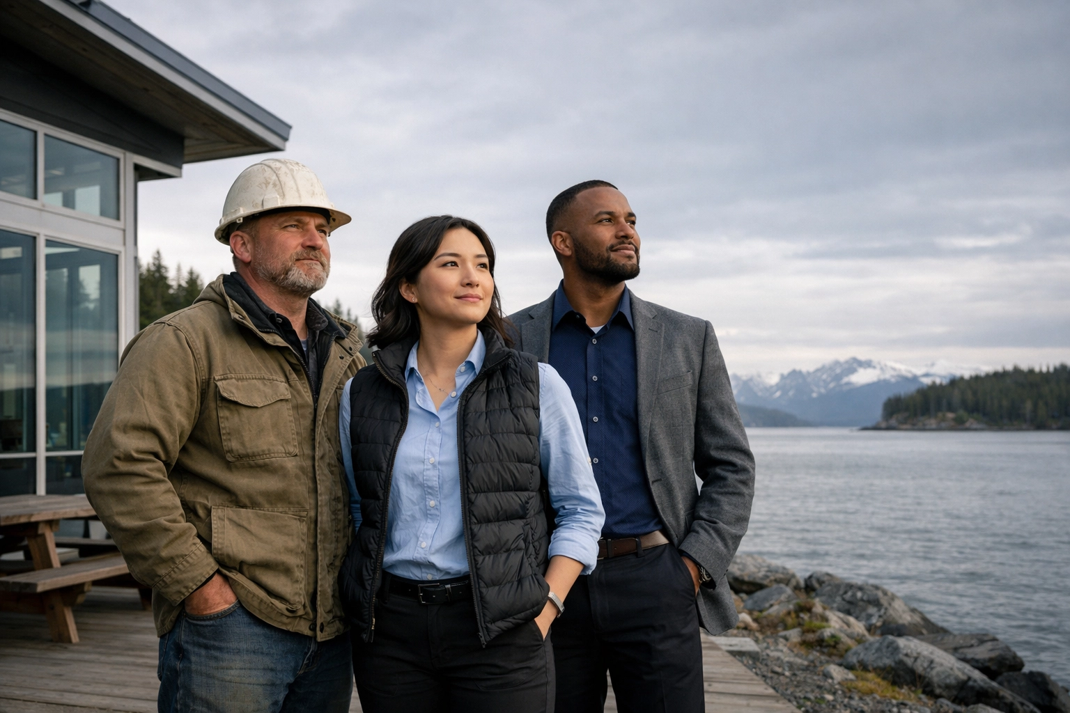 A diverse team of Alaska business professionals standing together in a scenic coastal setting.
