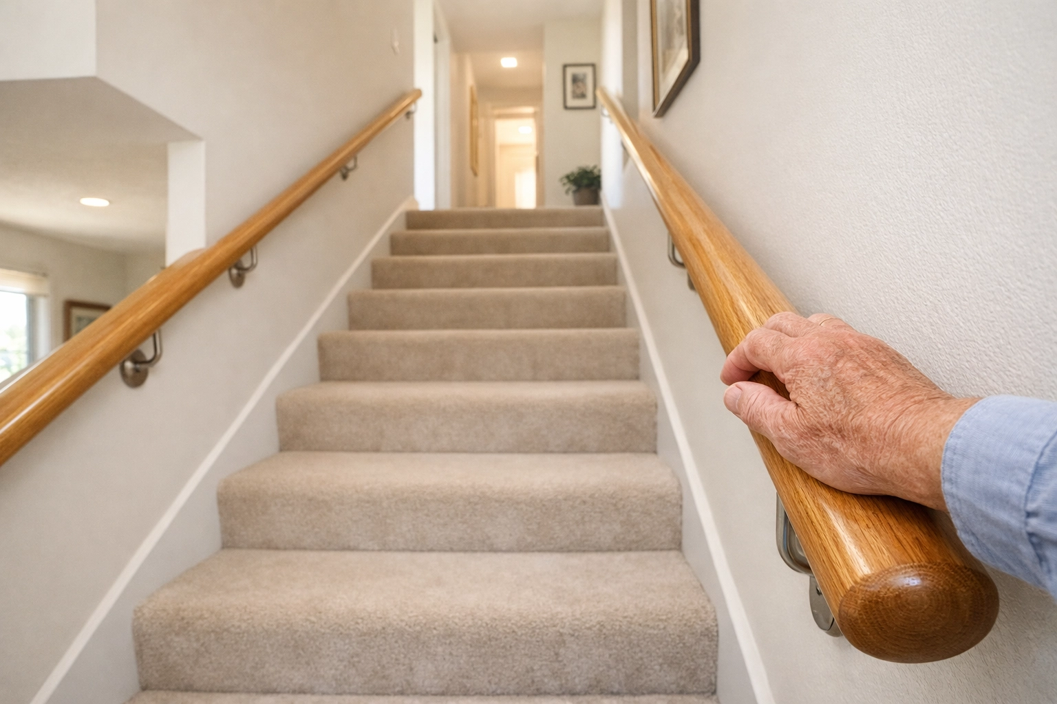 Sturdy double handrails installed on both sides of a bright staircase to provide extra support for seniors.