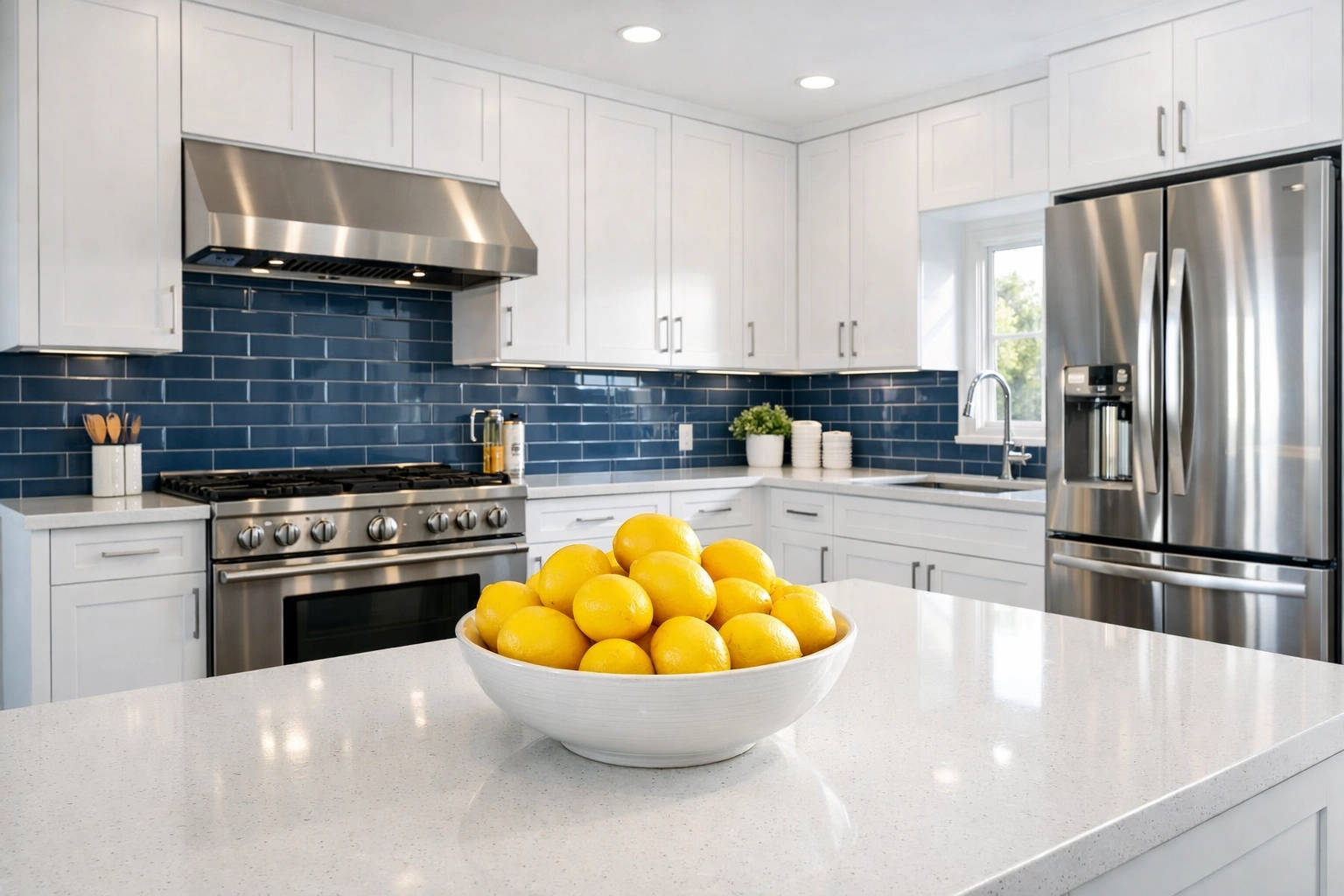 Clean modern kitchen with white counters and polished appliances, part of a weekly house cleaning checklist.