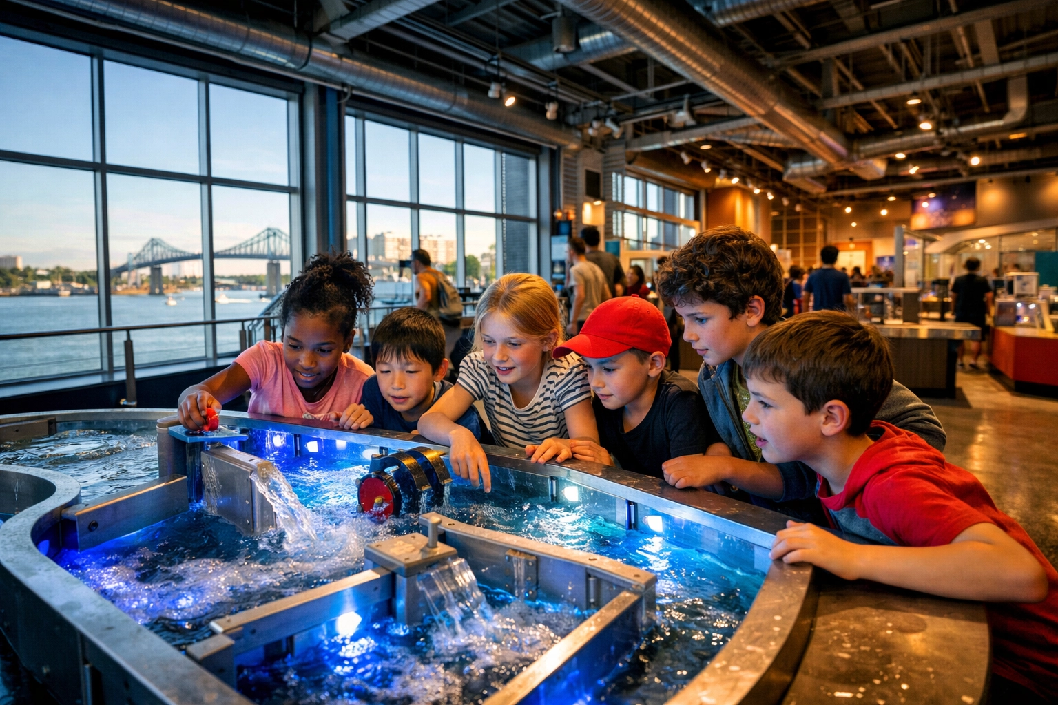 Children playing at an interactive water exhibit in the Montreal Science Centre in the Old Port.
