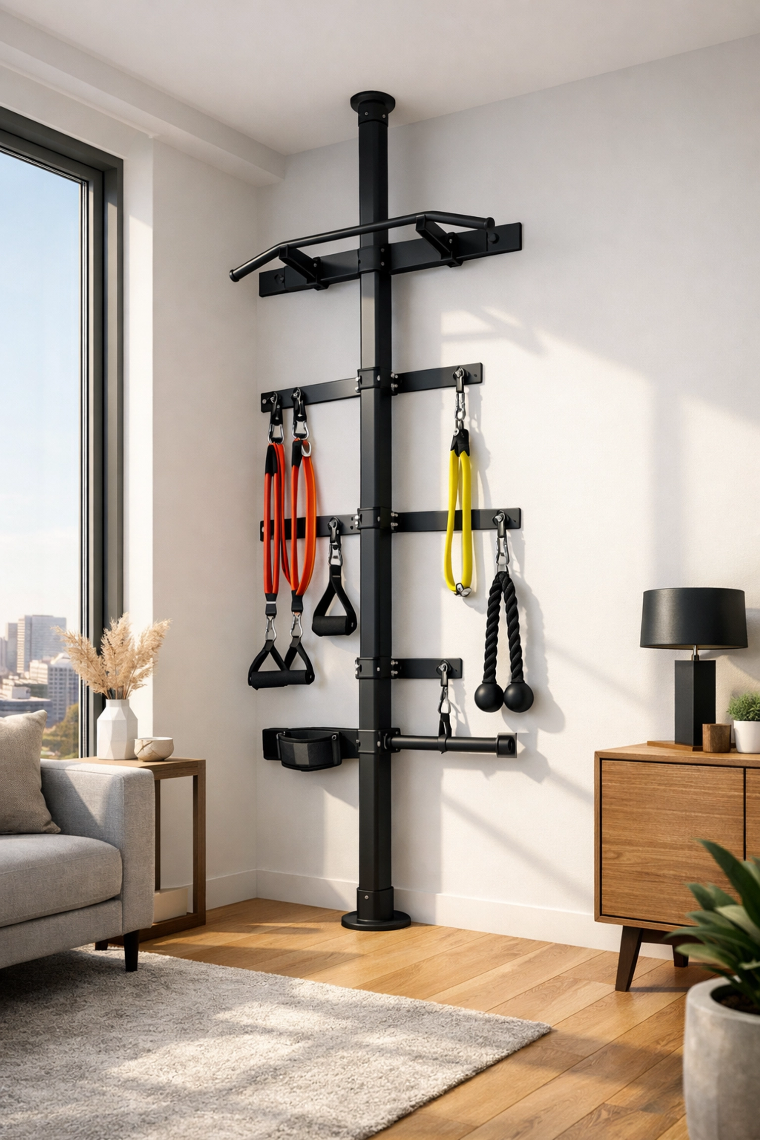 Resistance Rail floor to ceiling gym system providing a versatile home gym with no wall damage.
