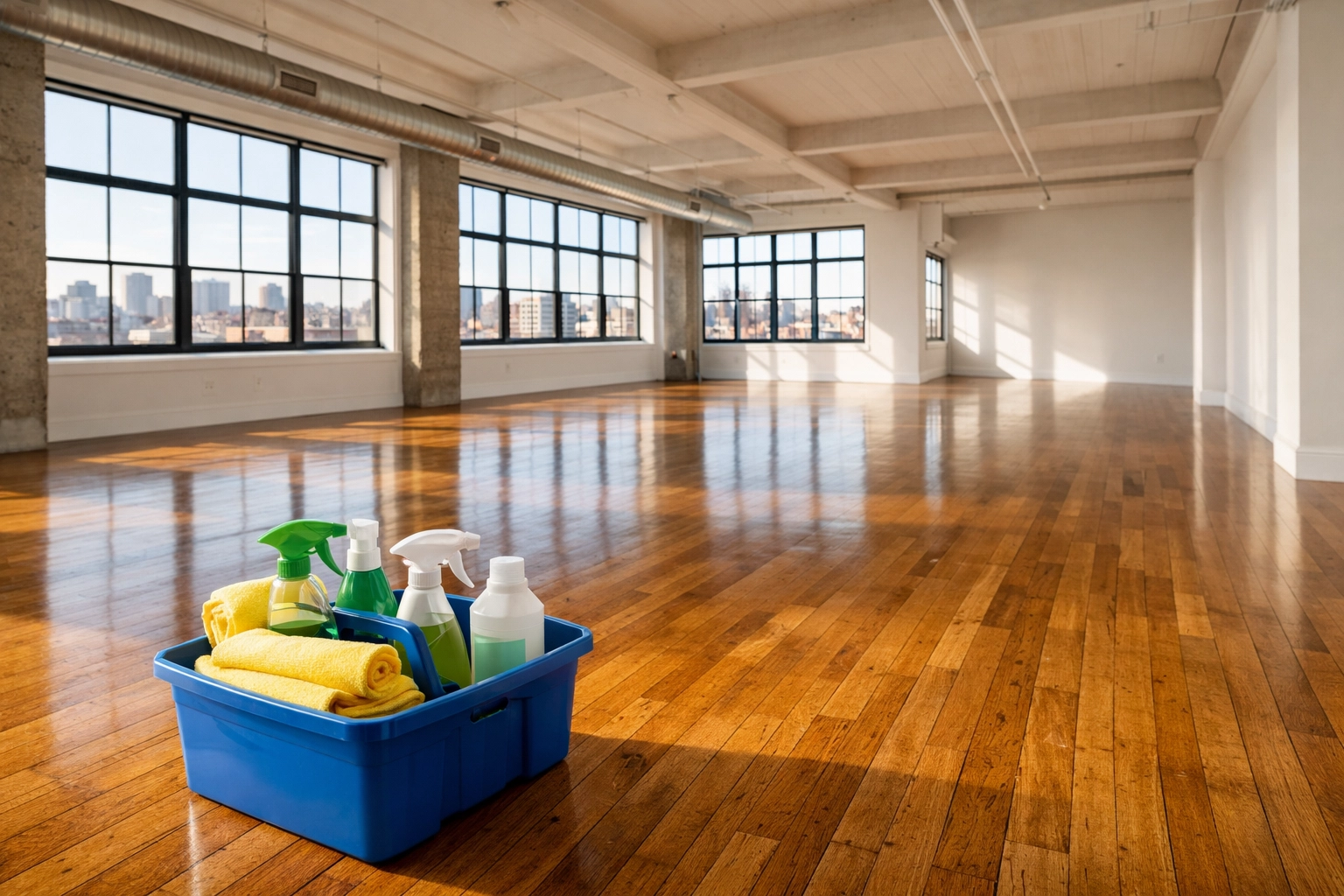 Empty Boston luxury loft with cleaning supplies ready for a professional Boston apartment move-out cleaning.