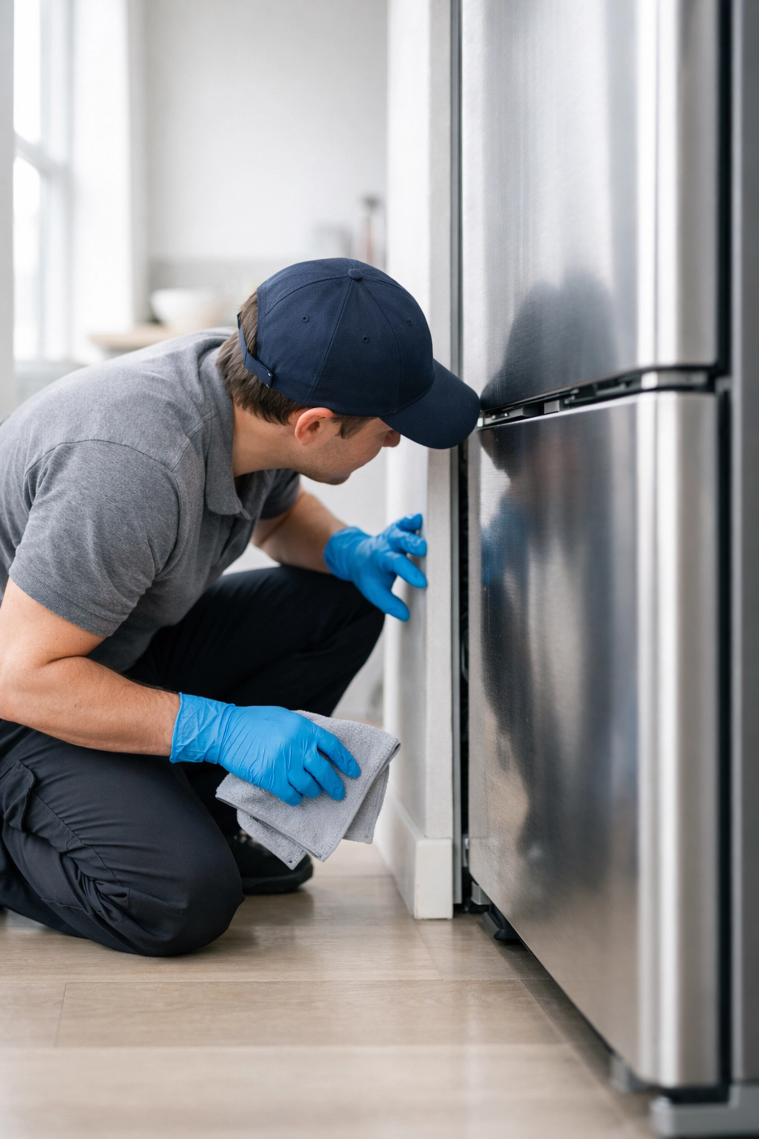 Professional cleaner inspecting behind refrigerator during apartment turnover deep cleaning