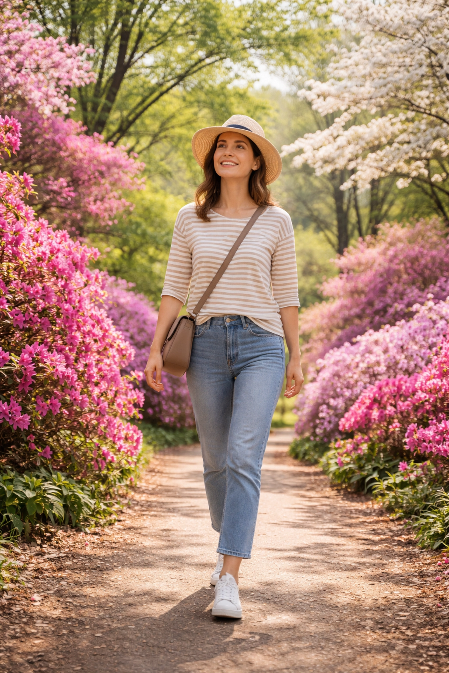 Woman walks comfortably in Azalea Park at Flowertown Festival, surrounded by blooming spring flowers.