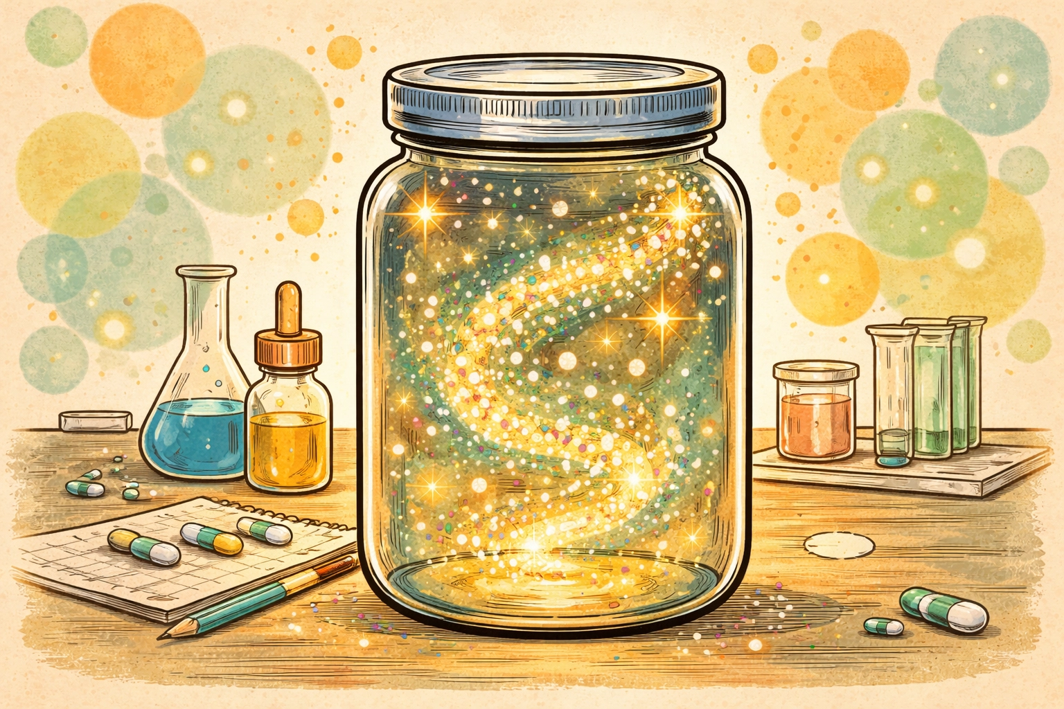 Whimsical storybook jar with sparkly dots suggesting invisible dissolved nutrients in hydroponics