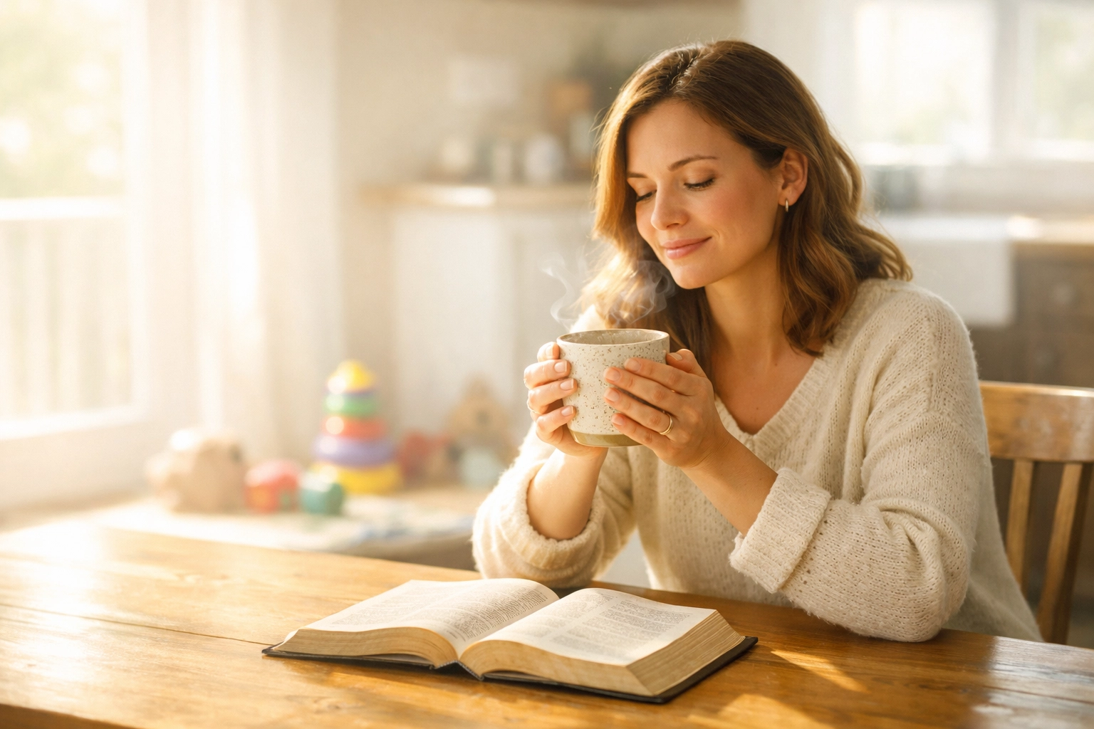 Mom with coffee and open Bible in kitchen, practicing a 15-minute Sabbath rest