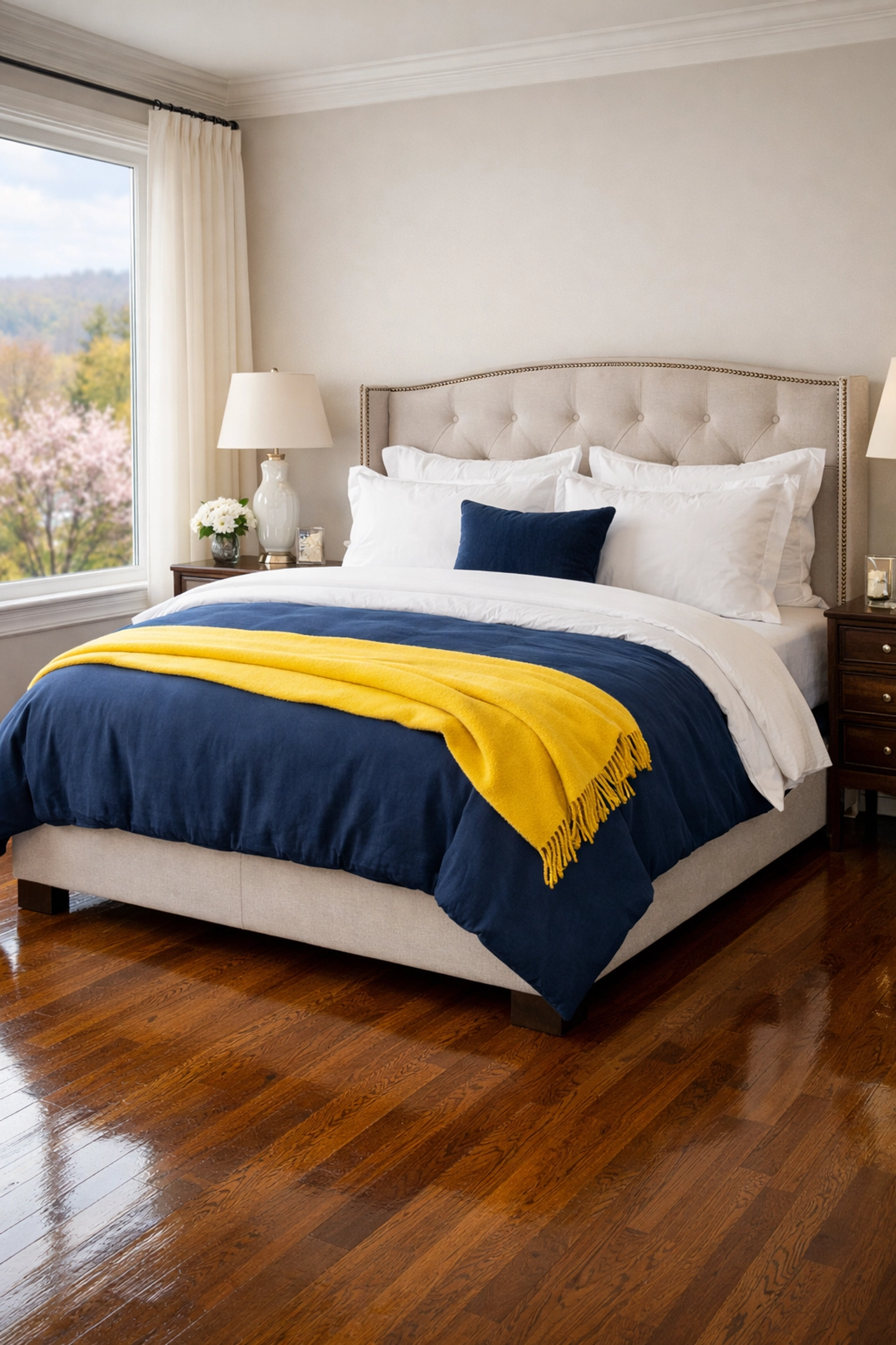 Pristine bedroom sanctuary with polished floors following deep cleaning services Massachusetts.