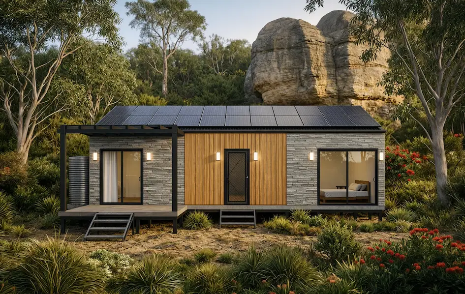 Modern modular home set against native Australian bush