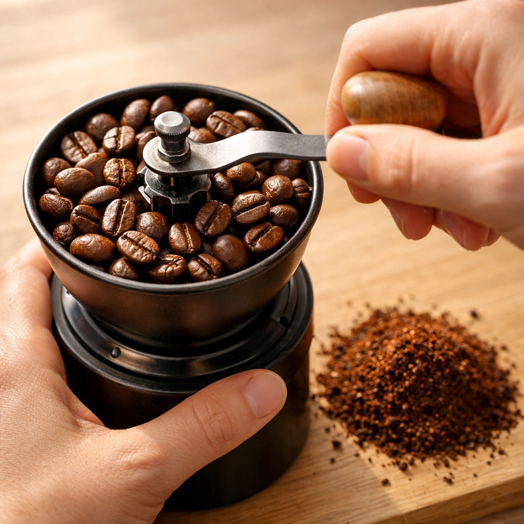 Manual burr grinder with whole roasted coffee beans ready for fresh grinding