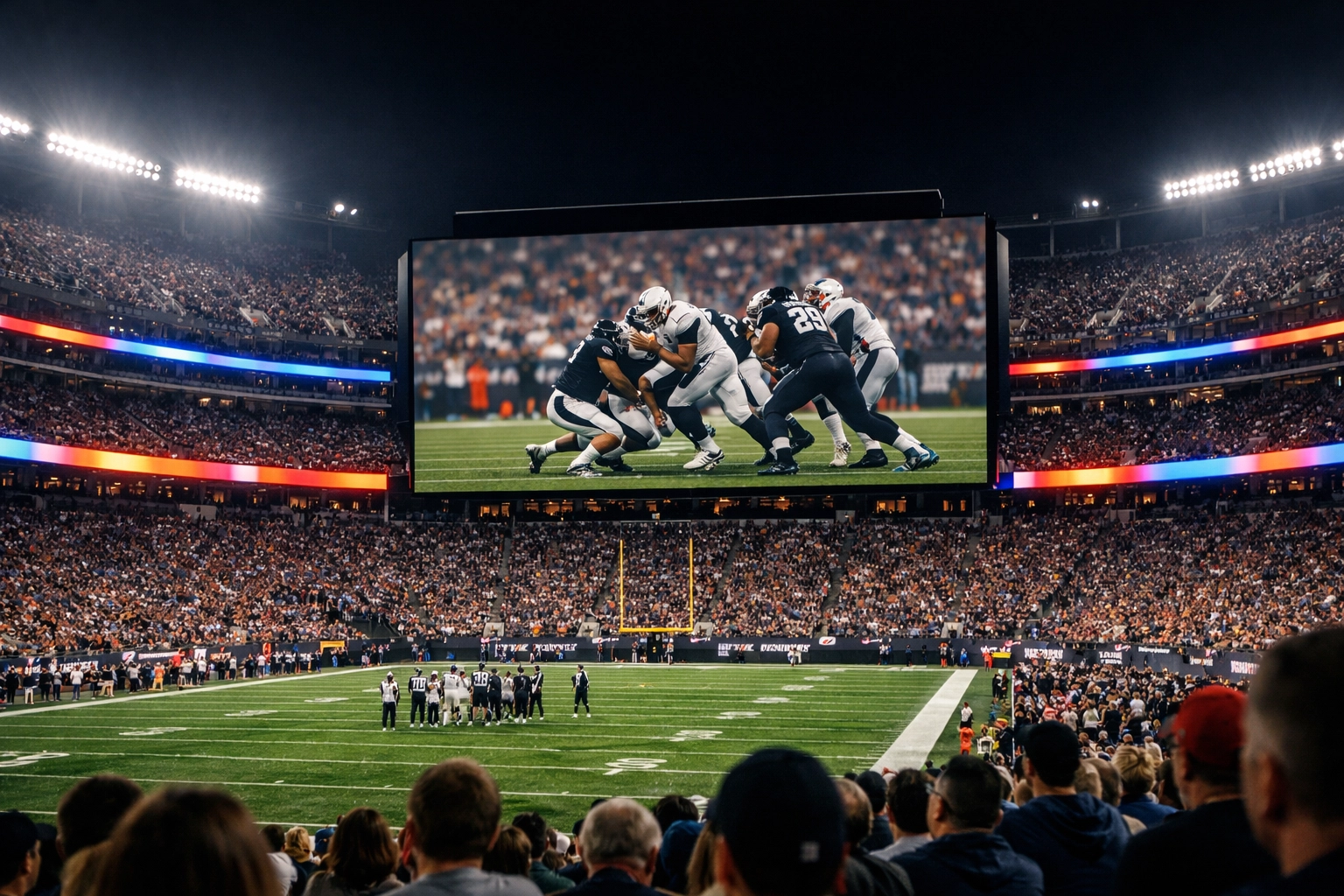 Digital scoreboard and LED ribbon boards displaying media assets in a high-traffic professional sports arena.