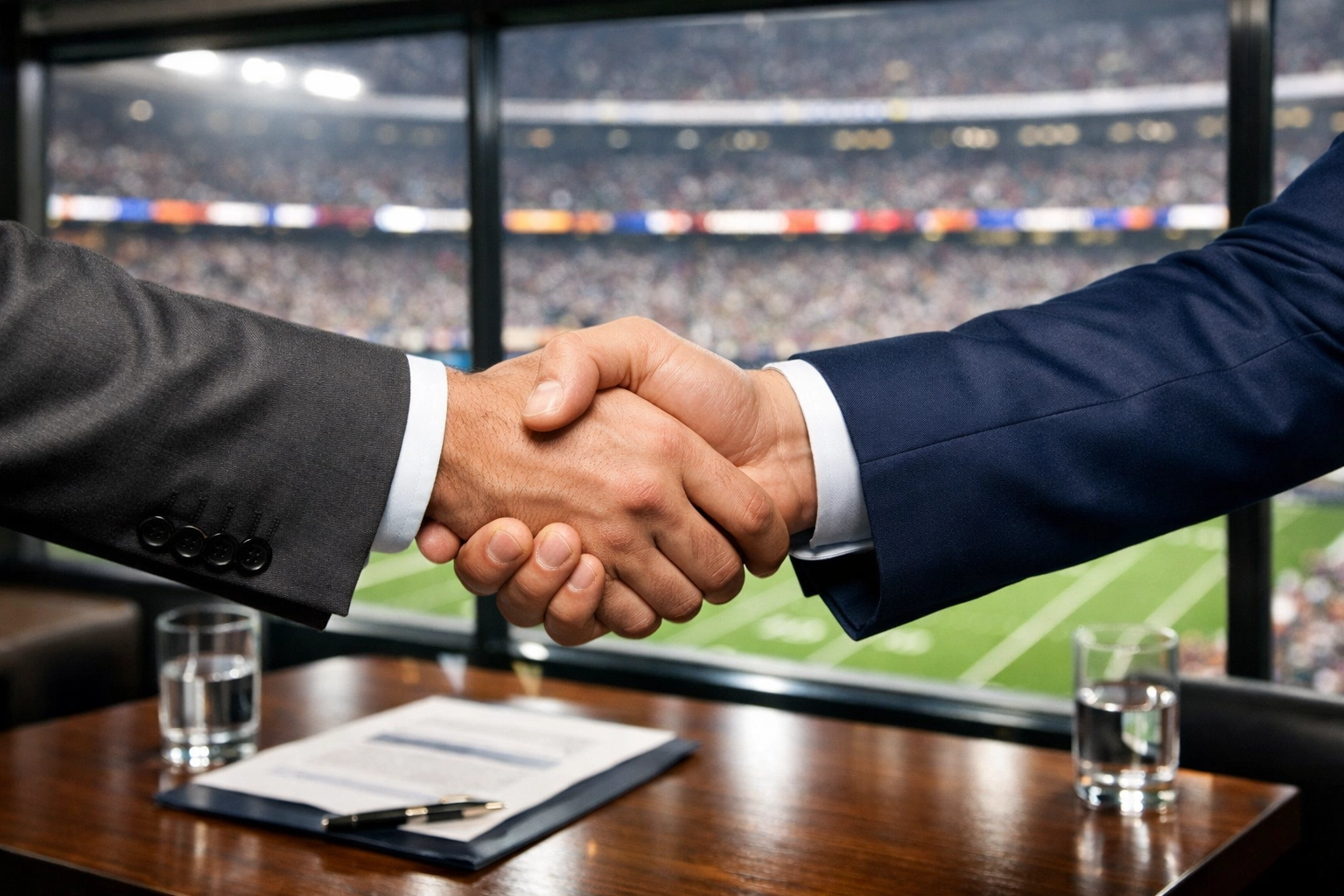 Executives shaking hands on a business deal inside a luxury stadium skybox during the Super Bowl.