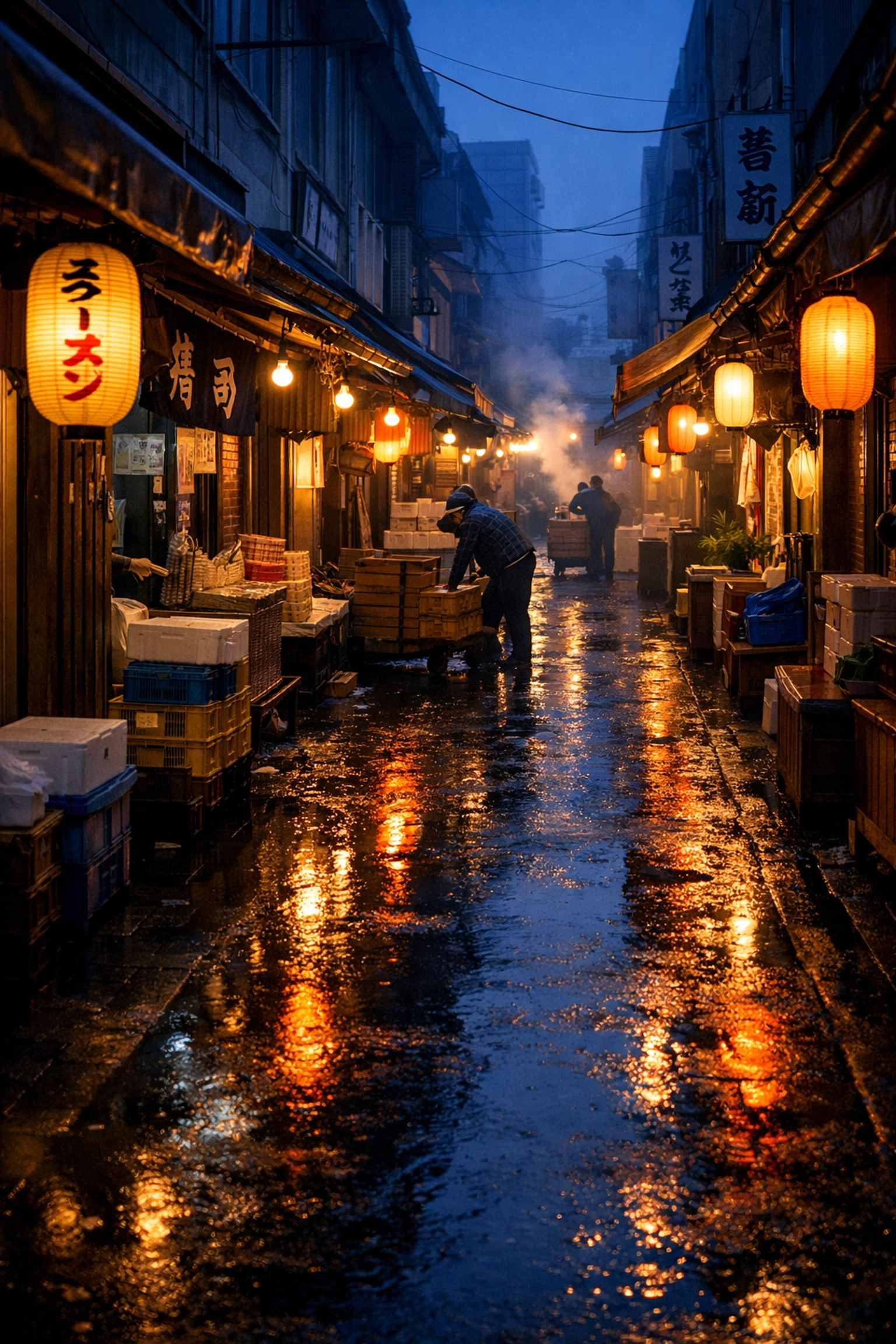 Atmospheric pre-dawn view of a quiet Tsukiji Outer Market alleyway, a top photo spot in Tokyo.