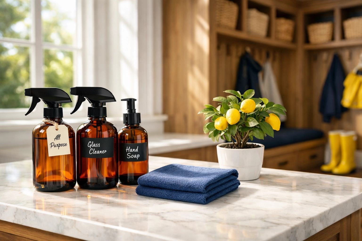 Eco-friendly cleaning products on a marble counter in a luxury Lexington estate mudroom.