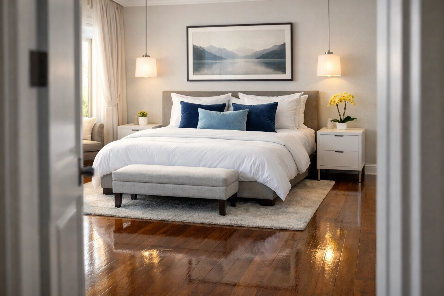 A clean, peaceful master bedroom highlighting the mental health benefits of professional house cleaning.