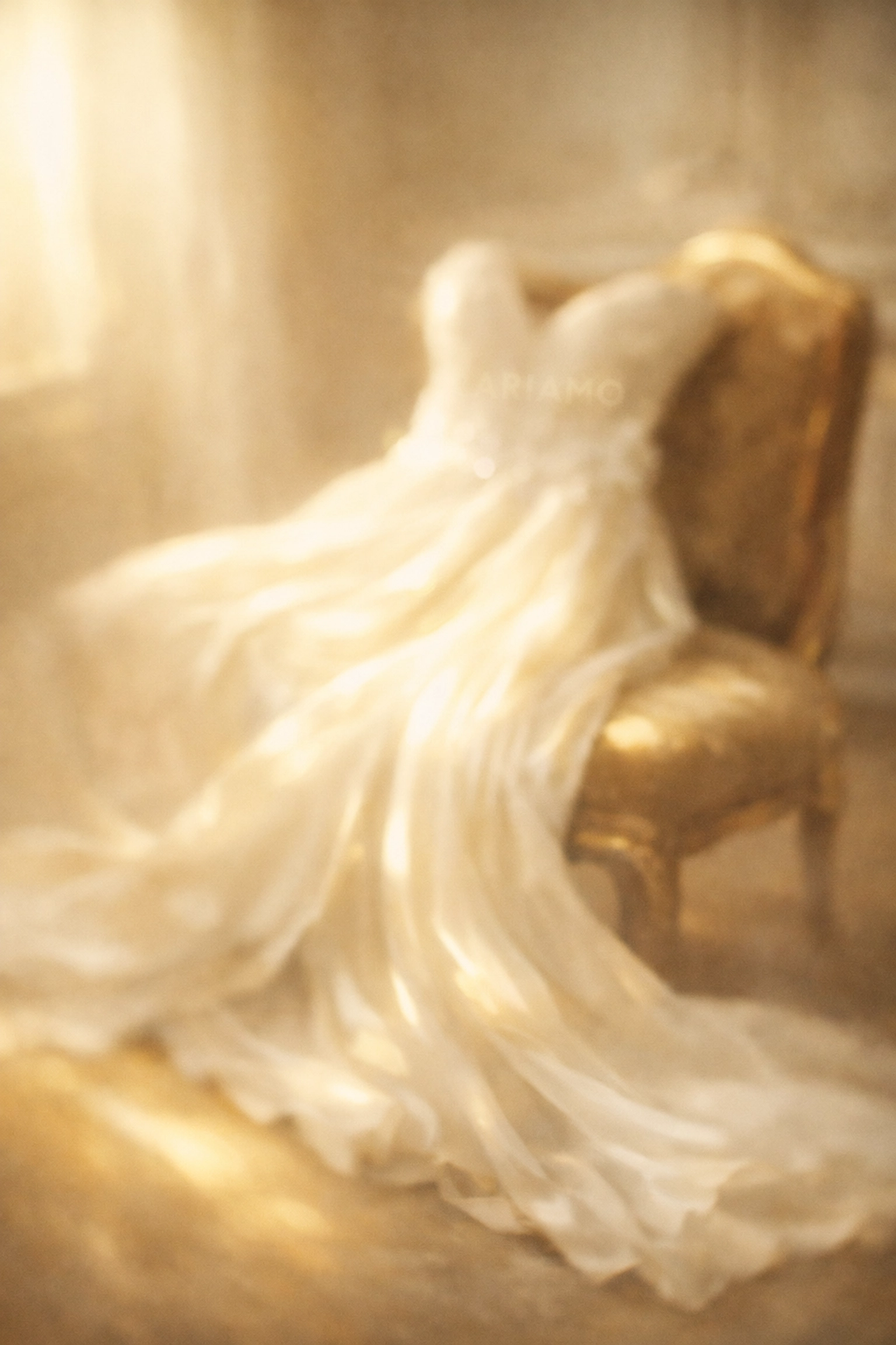 A softly blurred, editorial shot of a luxury Ariamo bridal gown draped in a grand room.