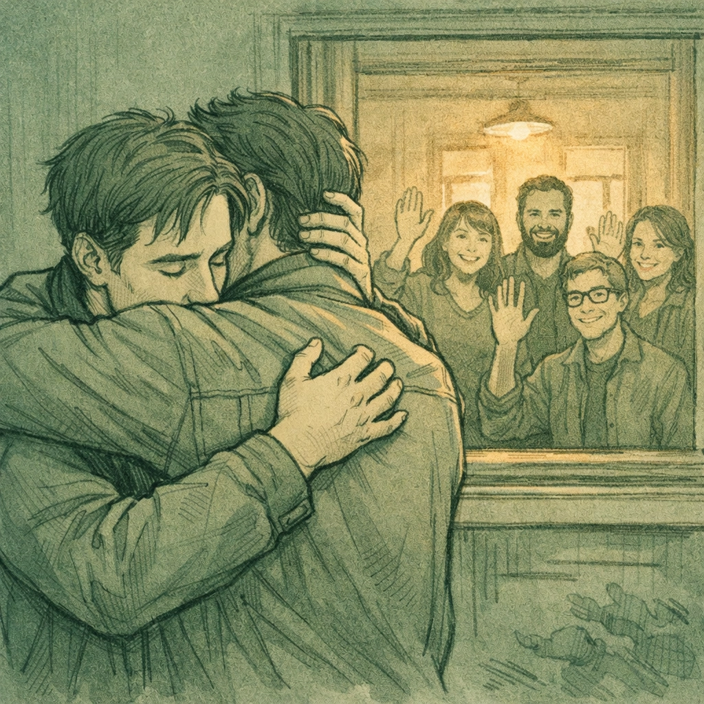 Two men embracing while found family celebrates their gay romance through window