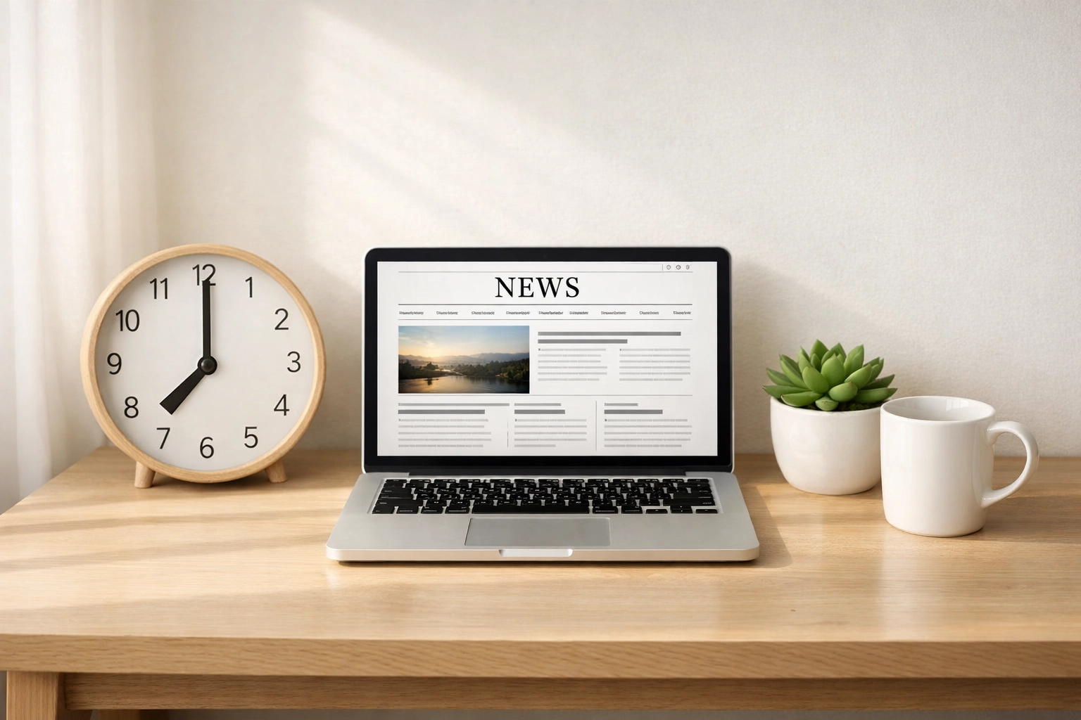 Minimalist morning desk with laptop showing organized news brief at 8 AM