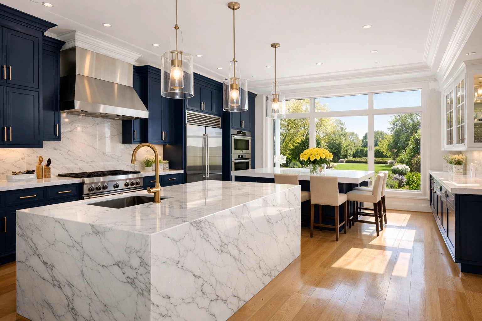 Luxury house cleaning in Andover: a pristine high-end kitchen with white marble islands and navy cabinetry.