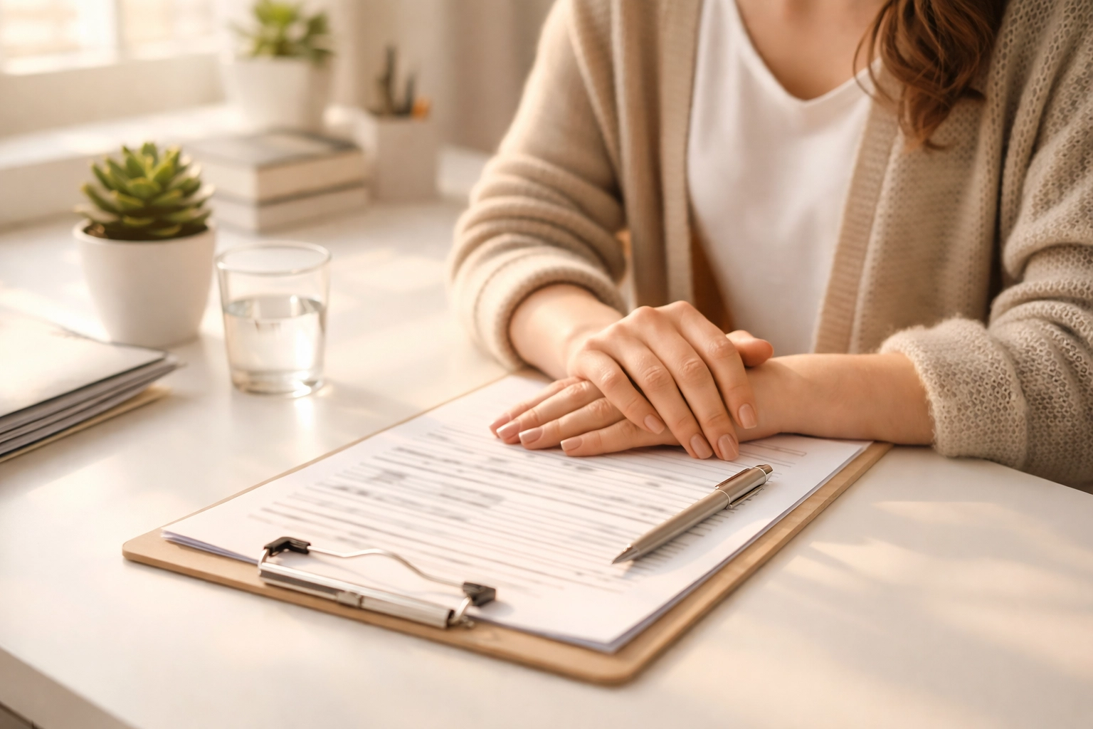 Close-up of a Surrogate reviewing medical paperwork before clinic screening, highlighting preparation and care.