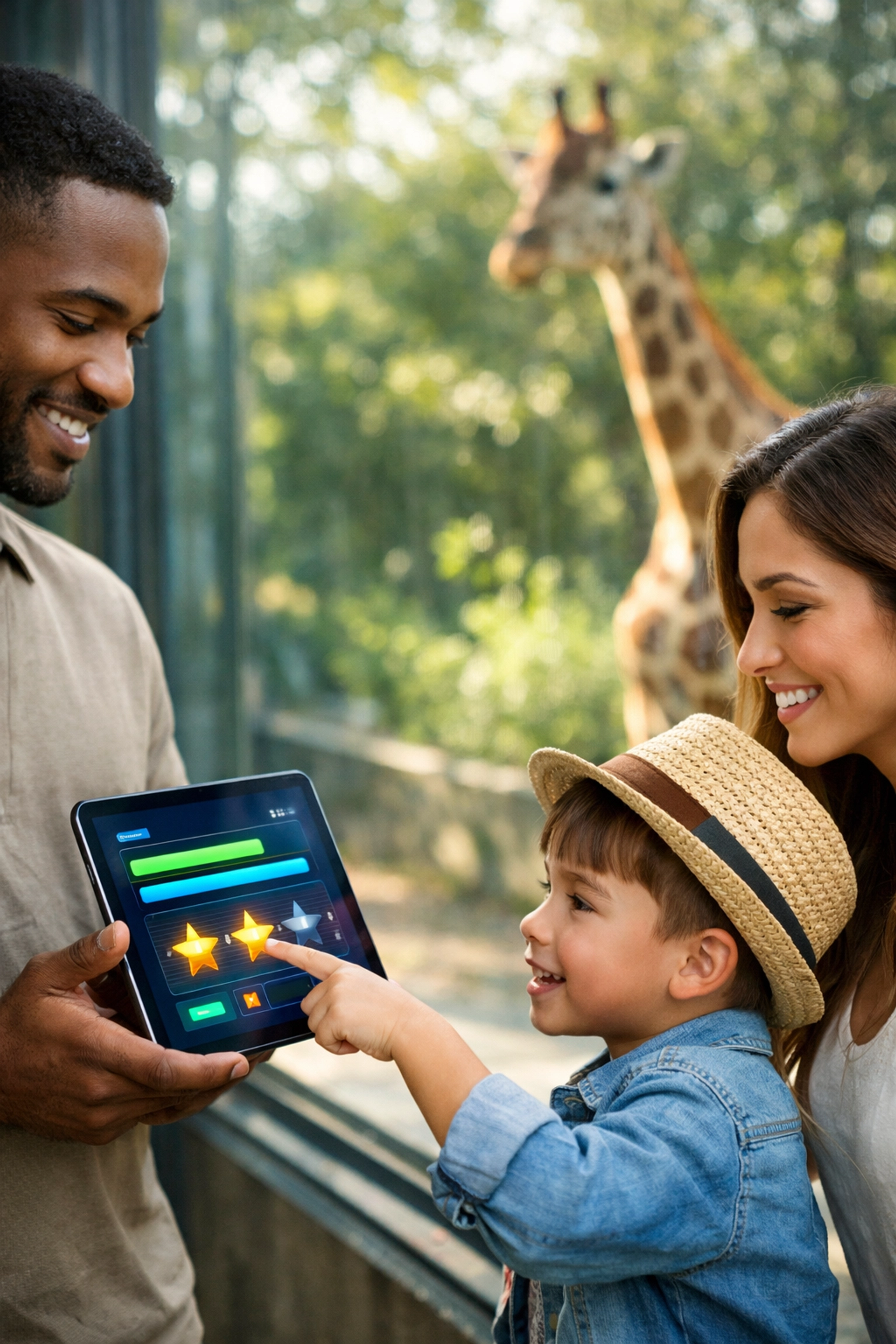 Family interacting with a digital zoo conservation quiz on a tablet near a giraffe exhibit.