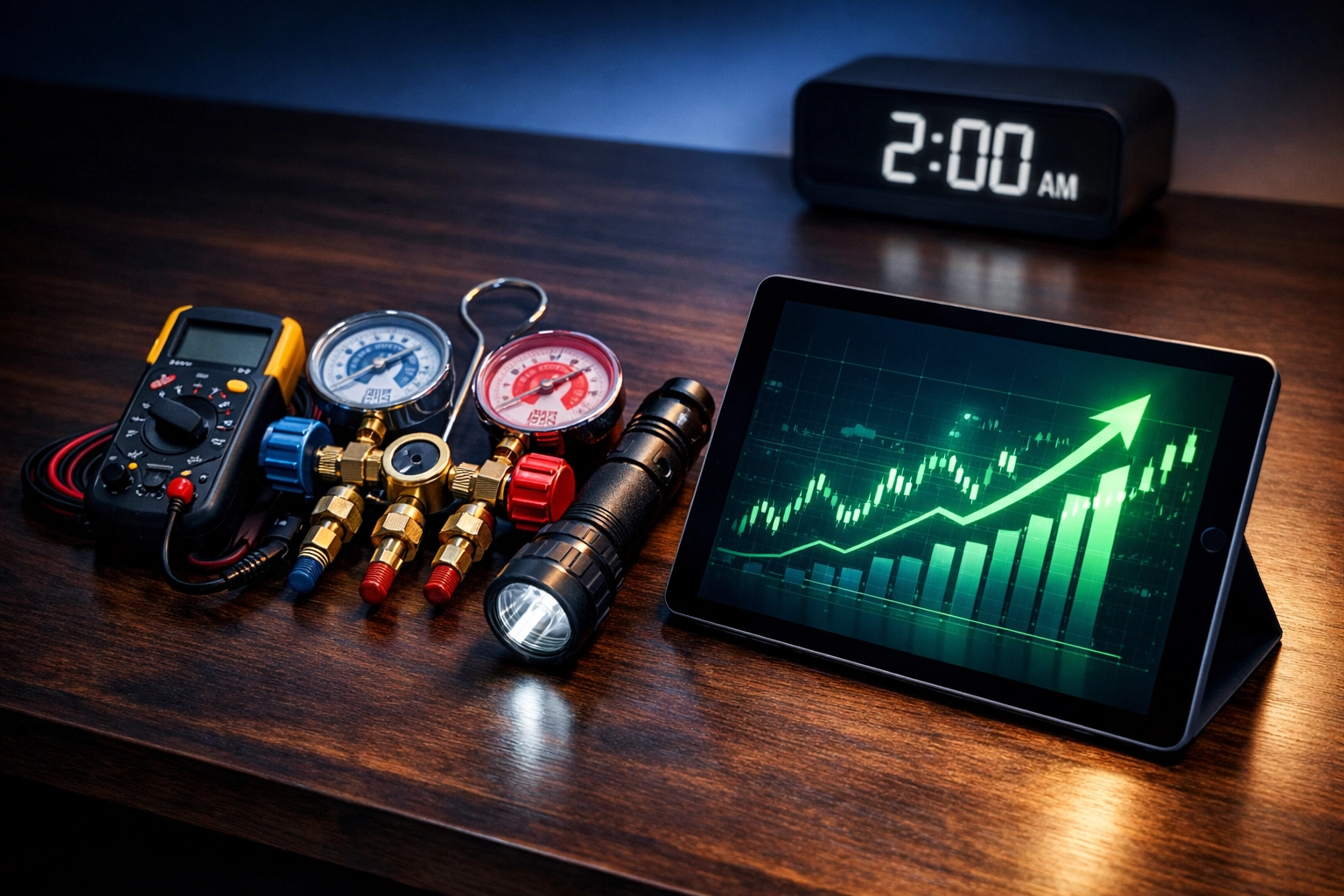 Professional HVAC tools and a revenue growth chart highlighting the value of emergency service calls.