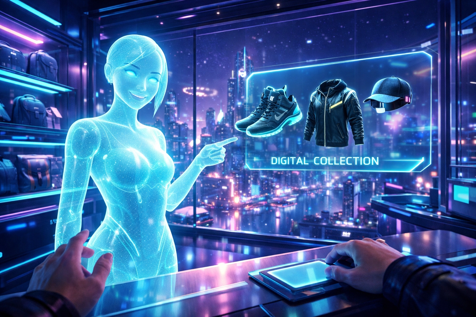 AI shopping assistant helping a customer browse digital fashion in a Larecoin.ai metaverse storefront.
