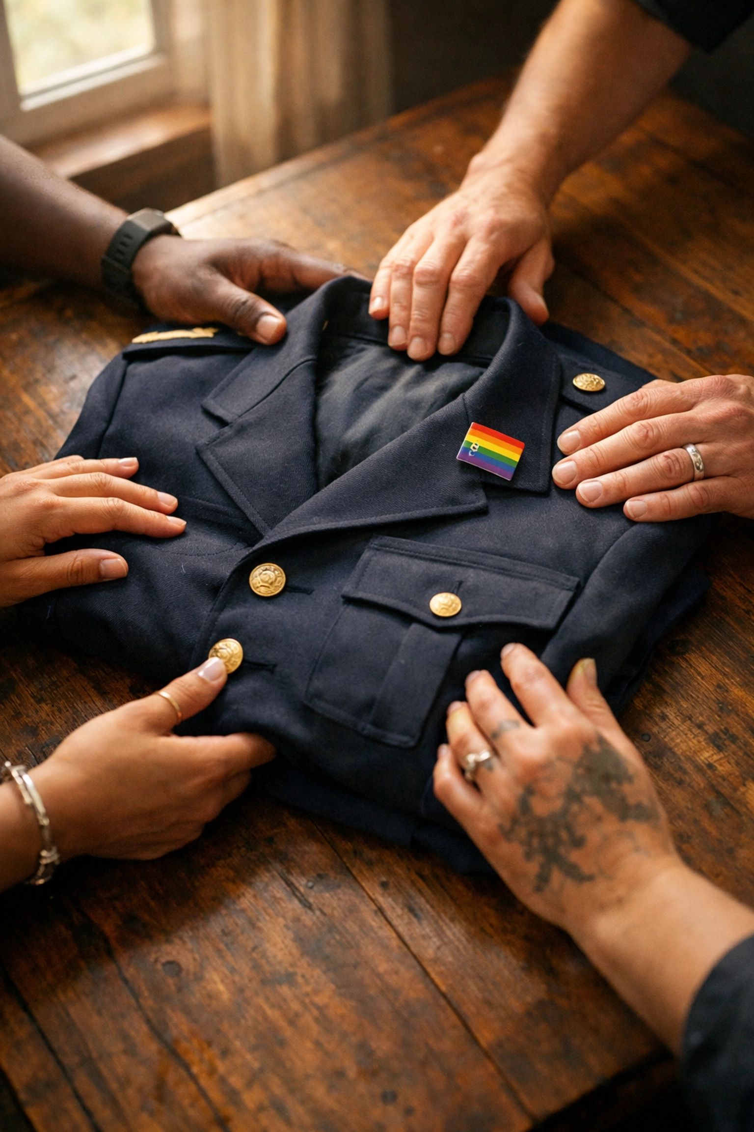 Military dress uniform with rainbow pride pin being folded, representing LGBTQ+ service and identity