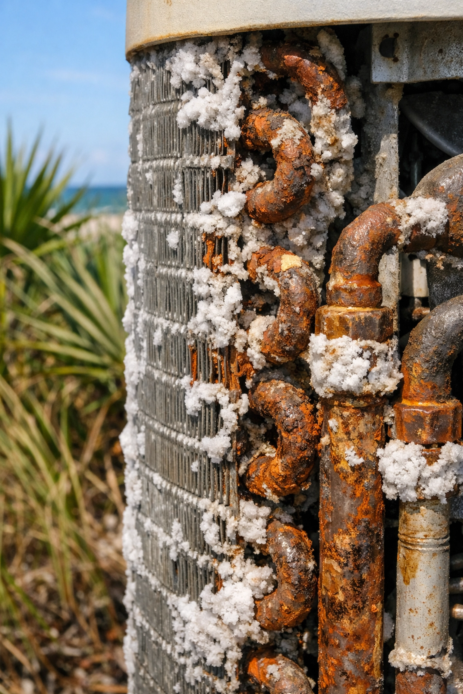 Corroded AC condenser unit with salt air buildup in Cape Coral home